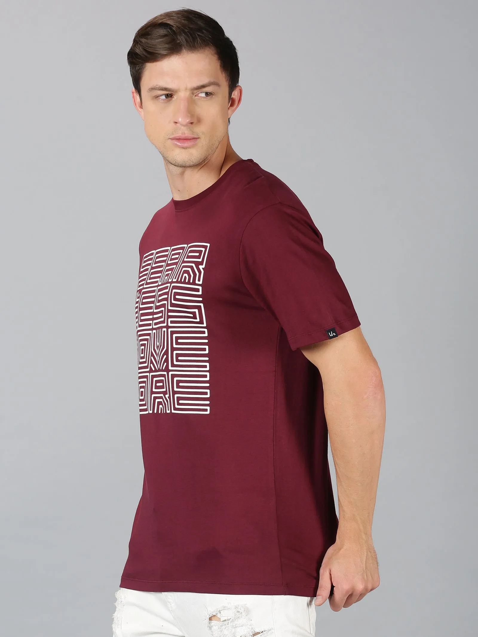 Men Maroon White Trendy Typographic Printed Round Neck Organic Pure Cotton Half Sleeve Regular Fit Casual T-Shirt