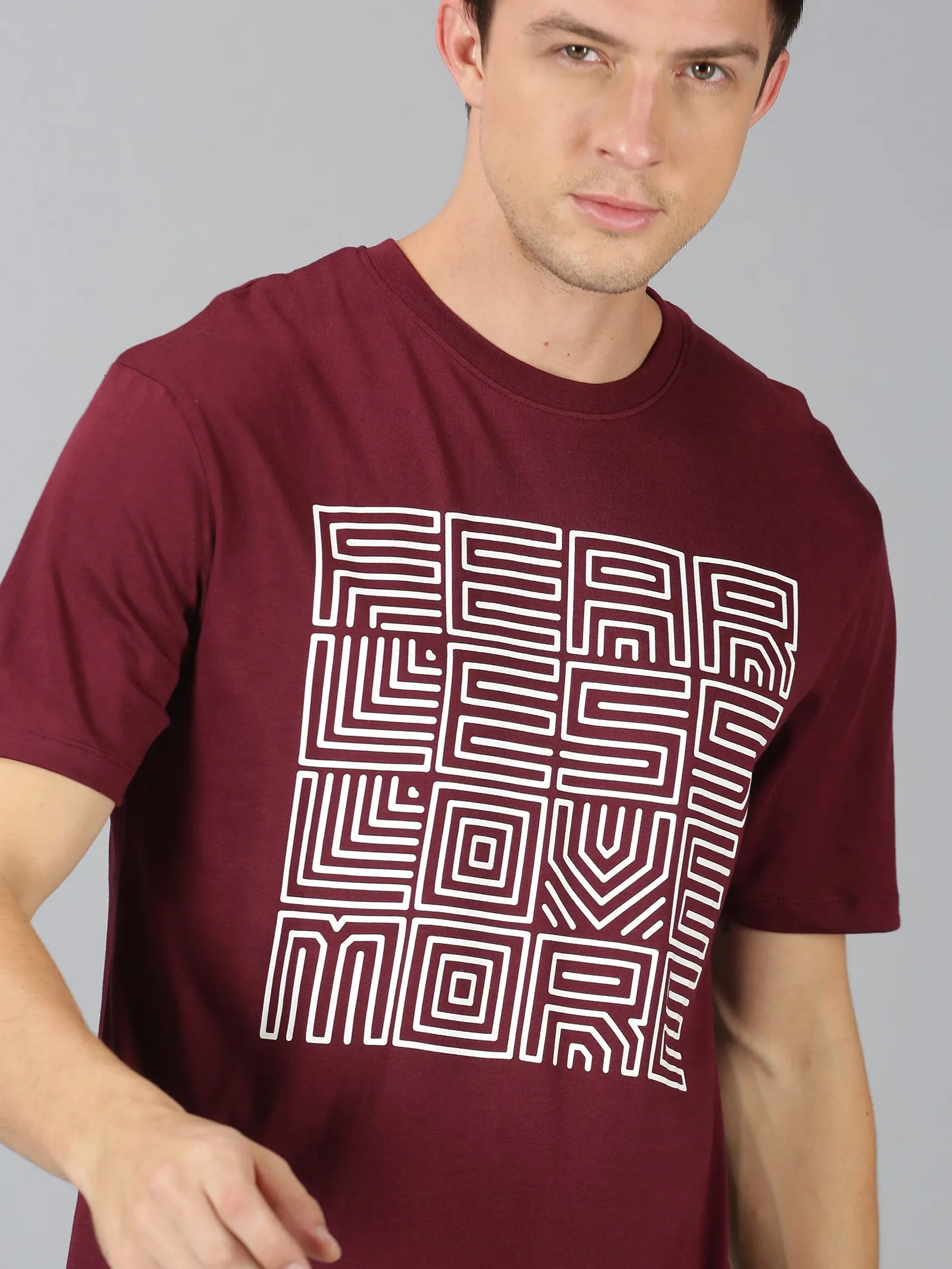 Men Maroon White Trendy Typographic Printed Round Neck Organic Pure Cotton Half Sleeve Regular Fit Casual T-Shirt