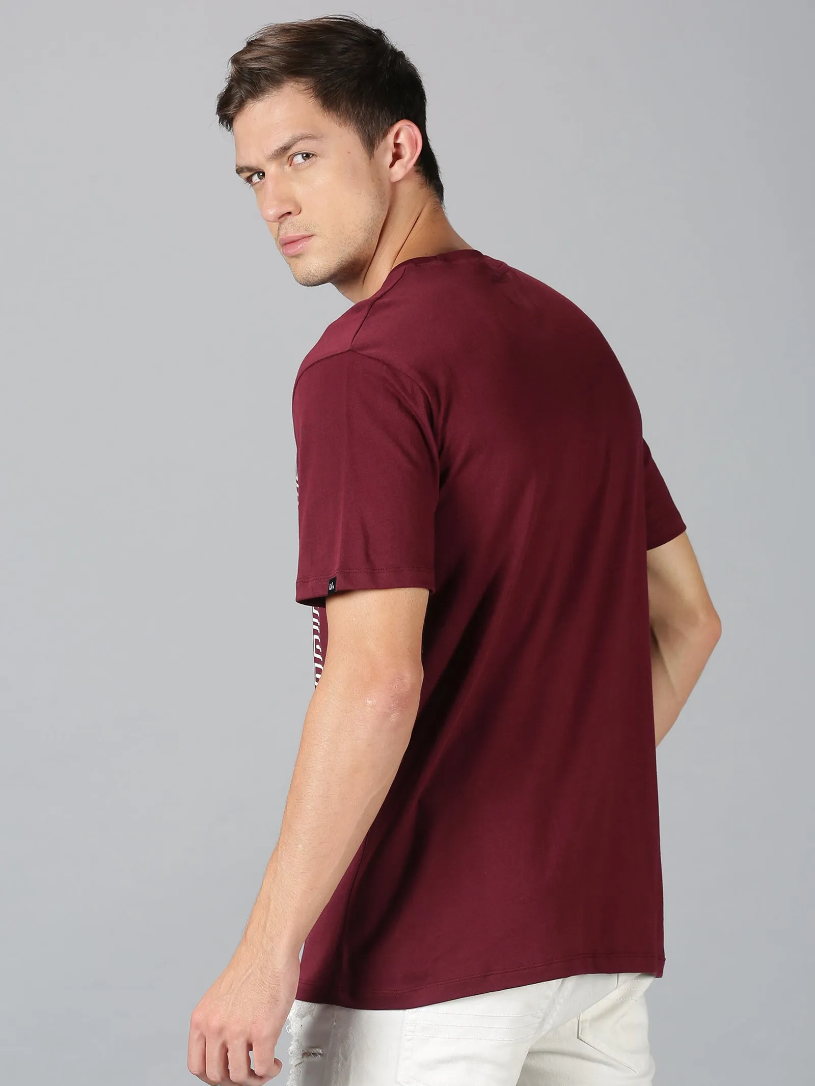 Men Maroon White Trendy Typographic Printed Round Neck Organic Pure Cotton Half Sleeve Regular Fit Casual T-Shirt