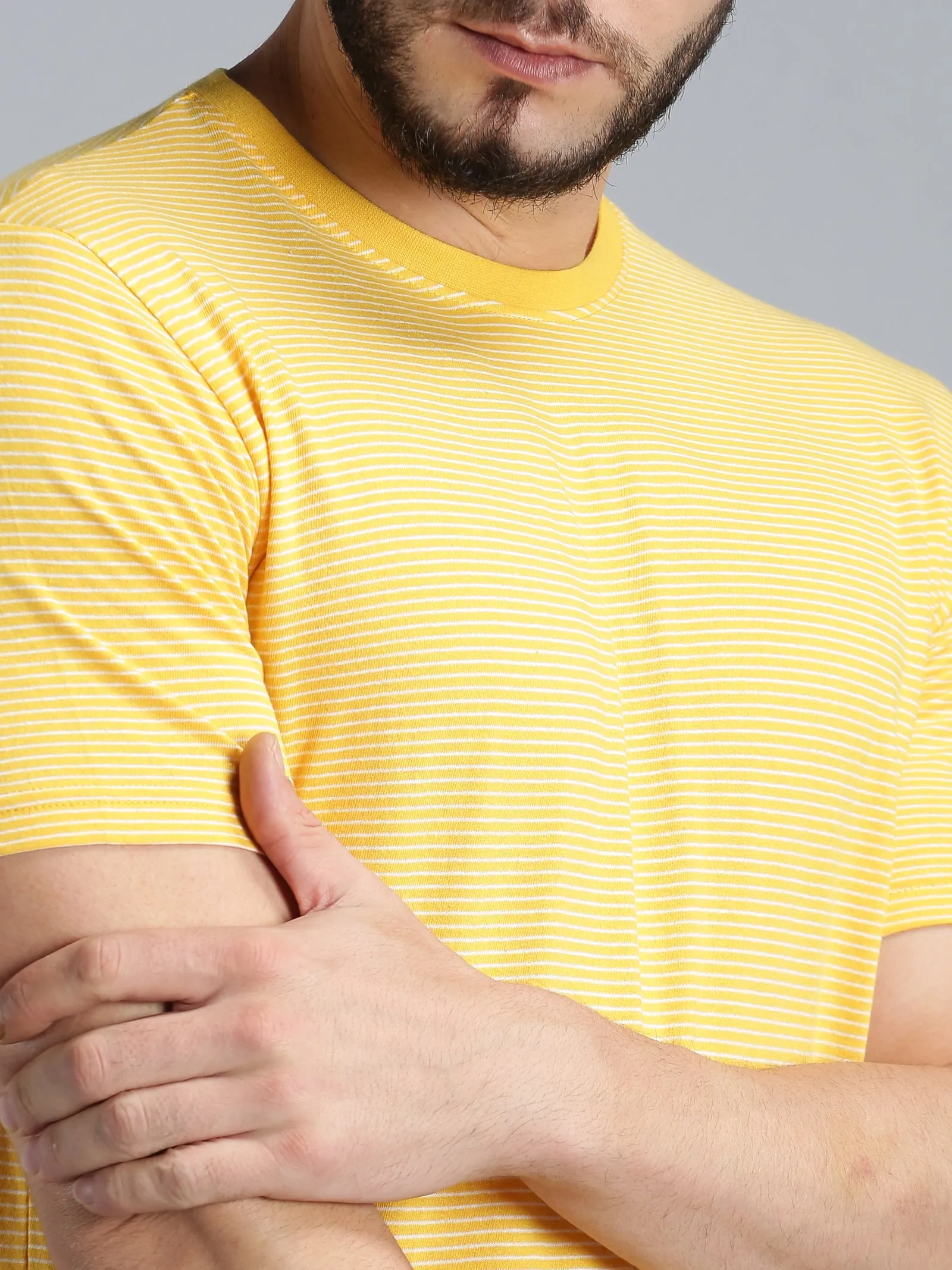 Men Yellow White Yarn Dyed Stripes Round Neck Recycled Cotton Half Sleeve Regular Fit Casual T-Shirt