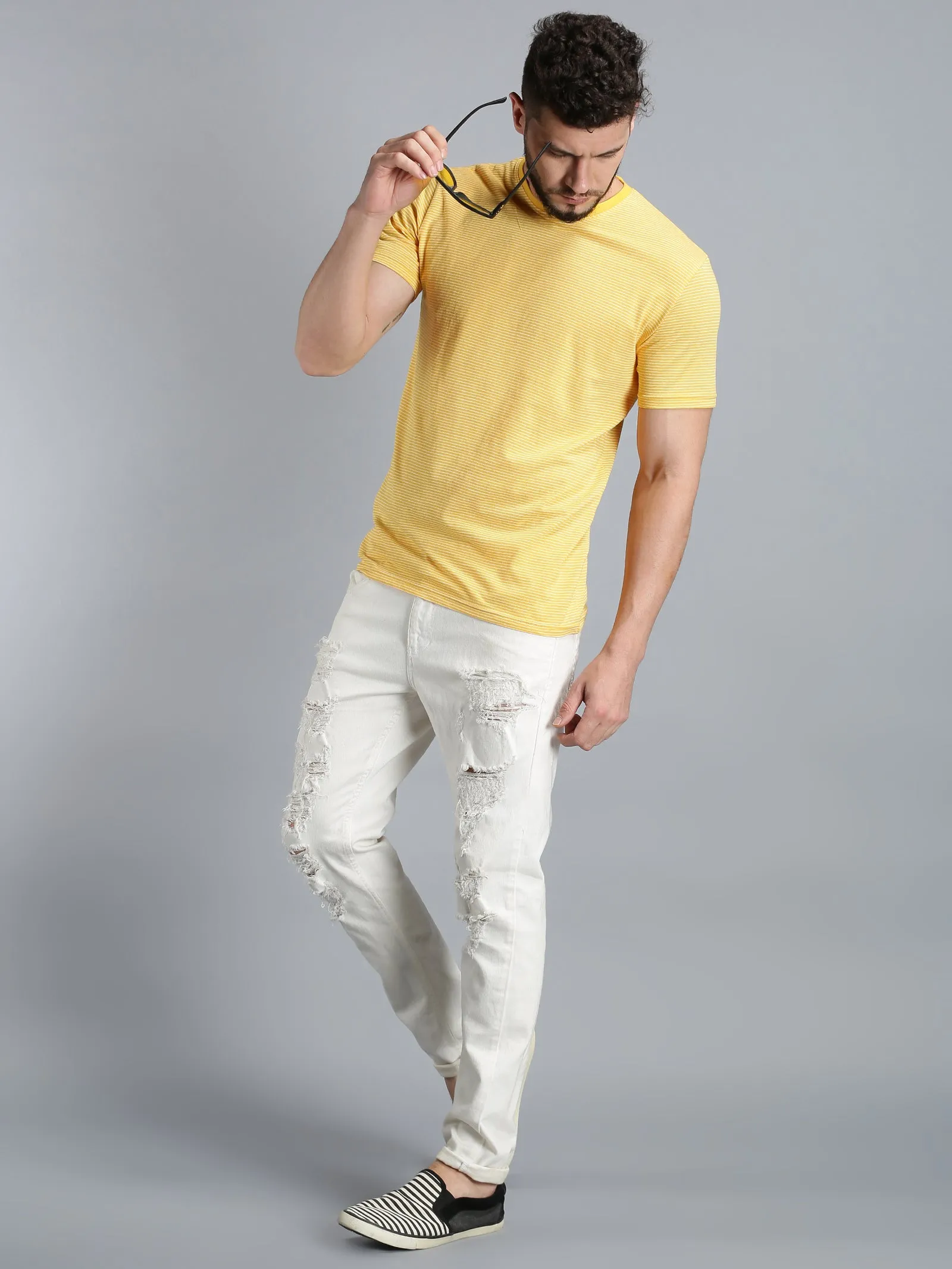 Men Yellow White Yarn Dyed Stripes Round Neck Recycled Cotton Half Sleeve Regular Fit Casual T-Shirt