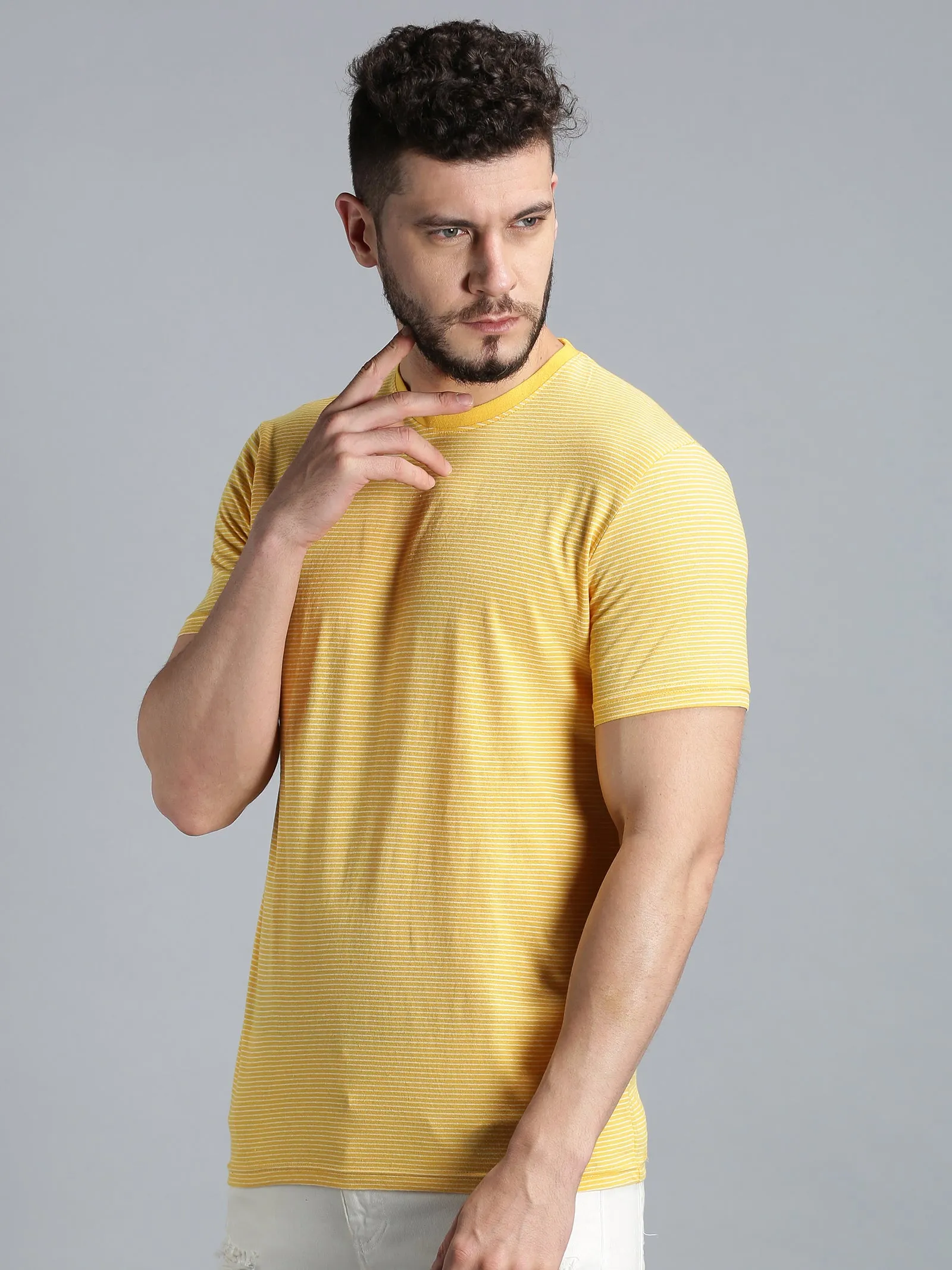 Men Yellow White Yarn Dyed Stripes Round Neck Recycled Cotton Half Sleeve Regular Fit Casual T-Shirt