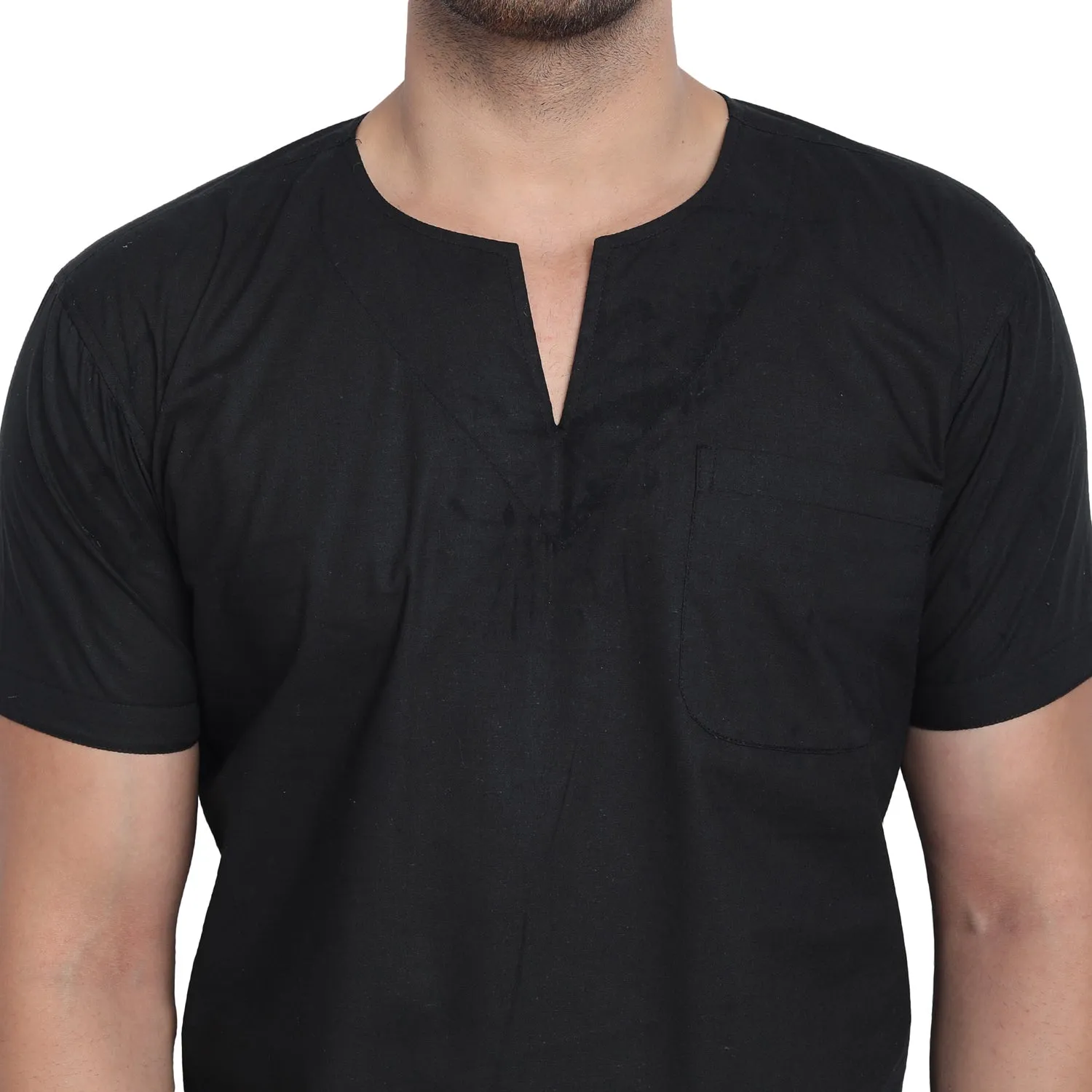 Men's Tunic V-Neck Short Regular Fit Cotton Kurta Black