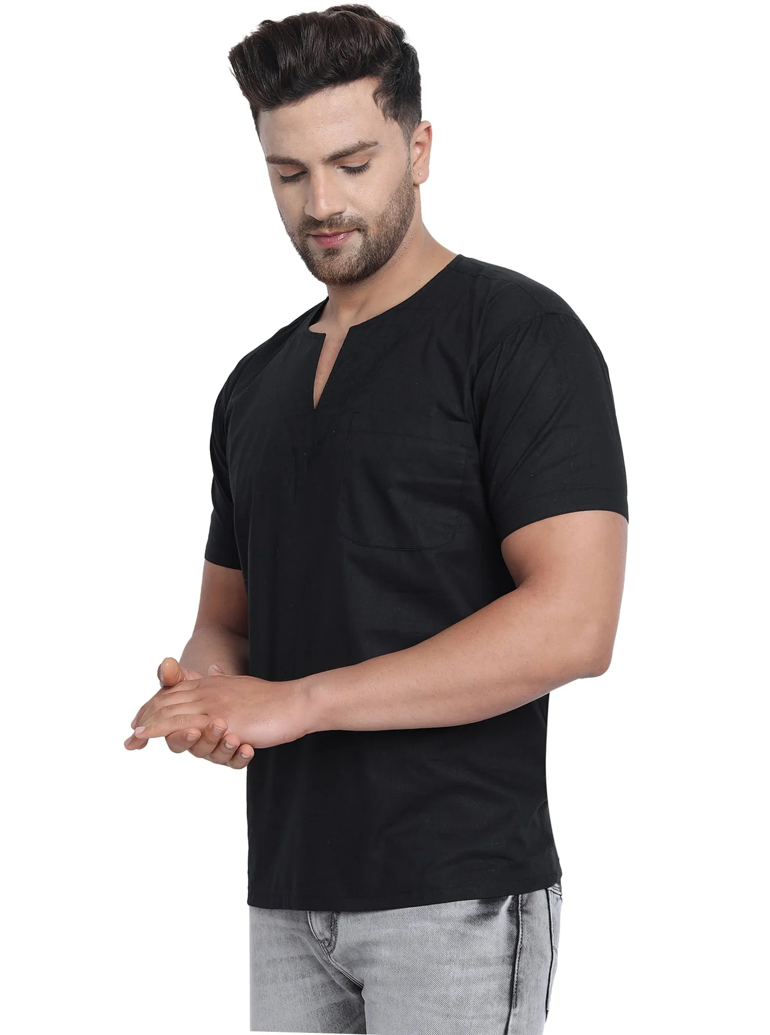Men's Tunic V-Neck Short Regular Fit Cotton Kurta Black