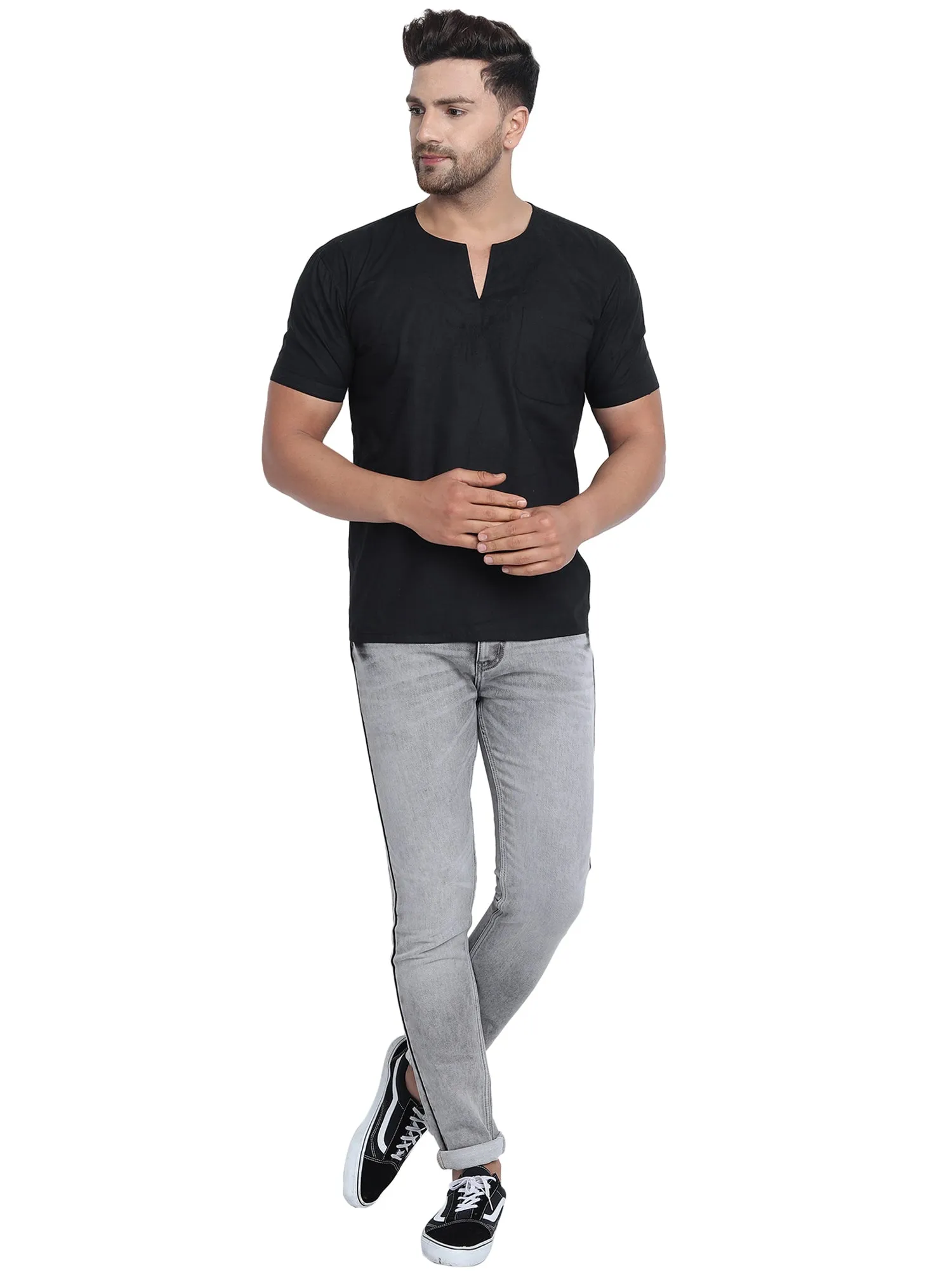 Men's Tunic V-Neck Short Regular Fit Cotton Kurta Black