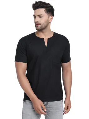 Men's Tunic V-Neck Short Regular Fit Cotton Kurta Black