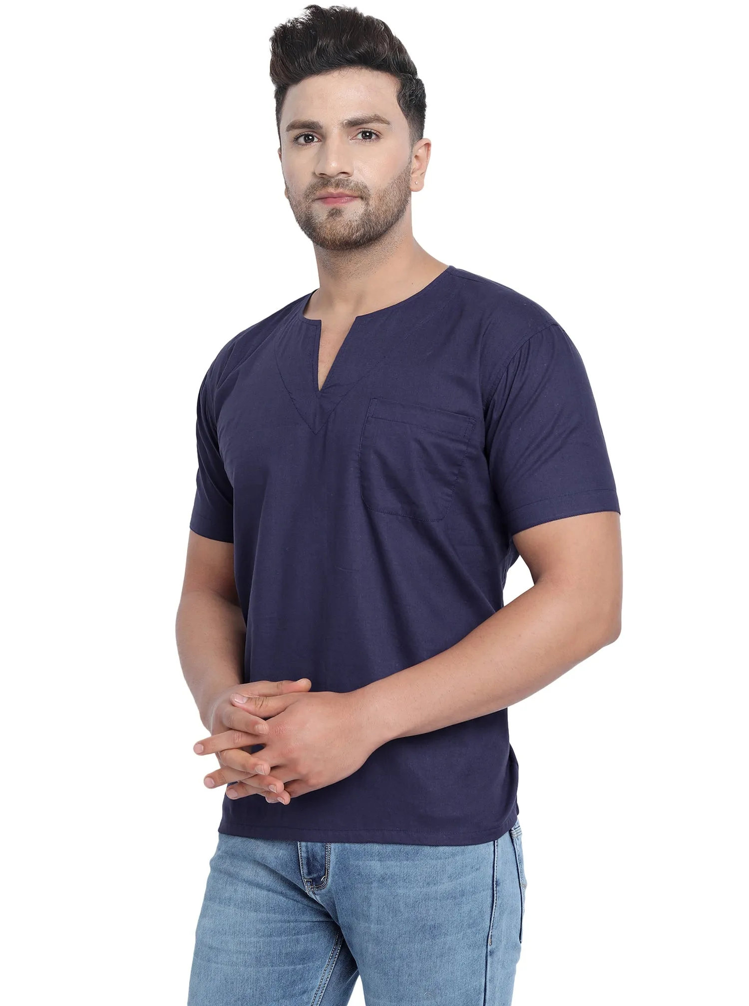 Men's Tunic V-Neck Short Regular Fit Cotton Kurta Blue