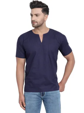 Men's Tunic V-Neck Short Regular Fit Cotton Kurta Blue
