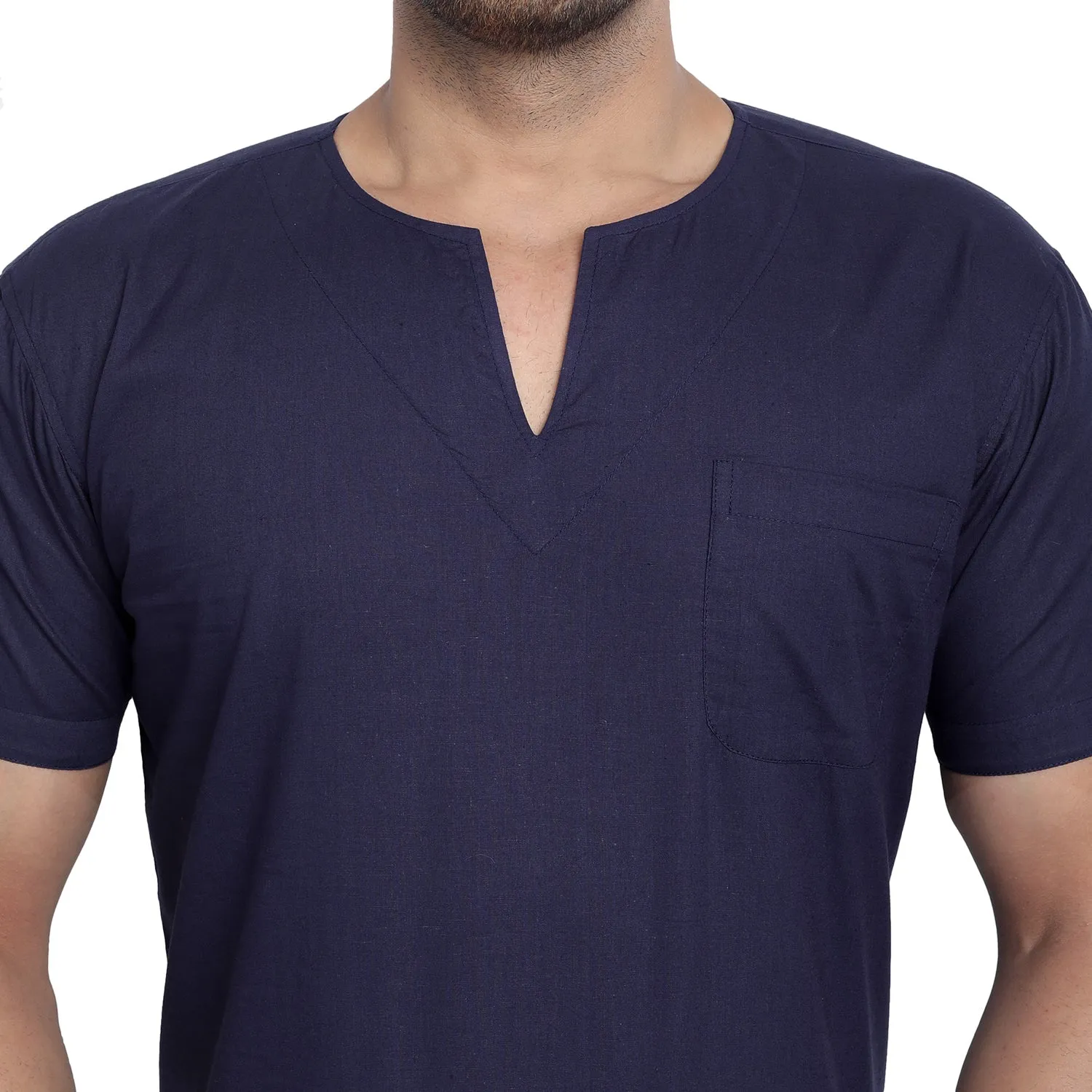 Men's Tunic V-Neck Short Regular Fit Cotton Kurta Blue