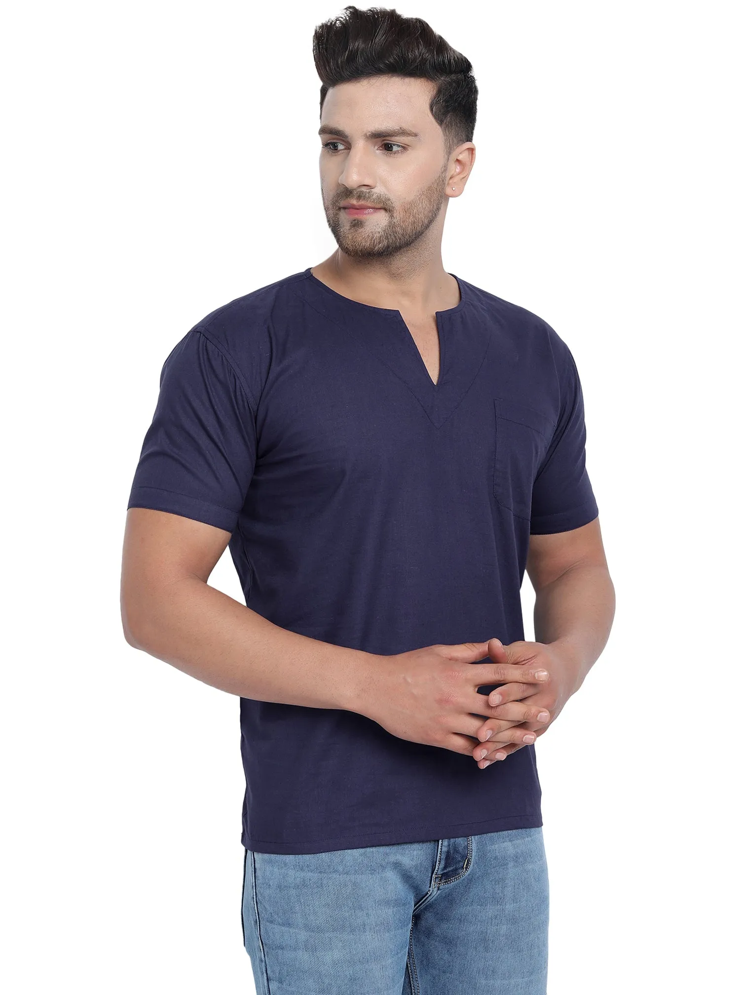 Men's Tunic V-Neck Short Regular Fit Cotton Kurta Blue