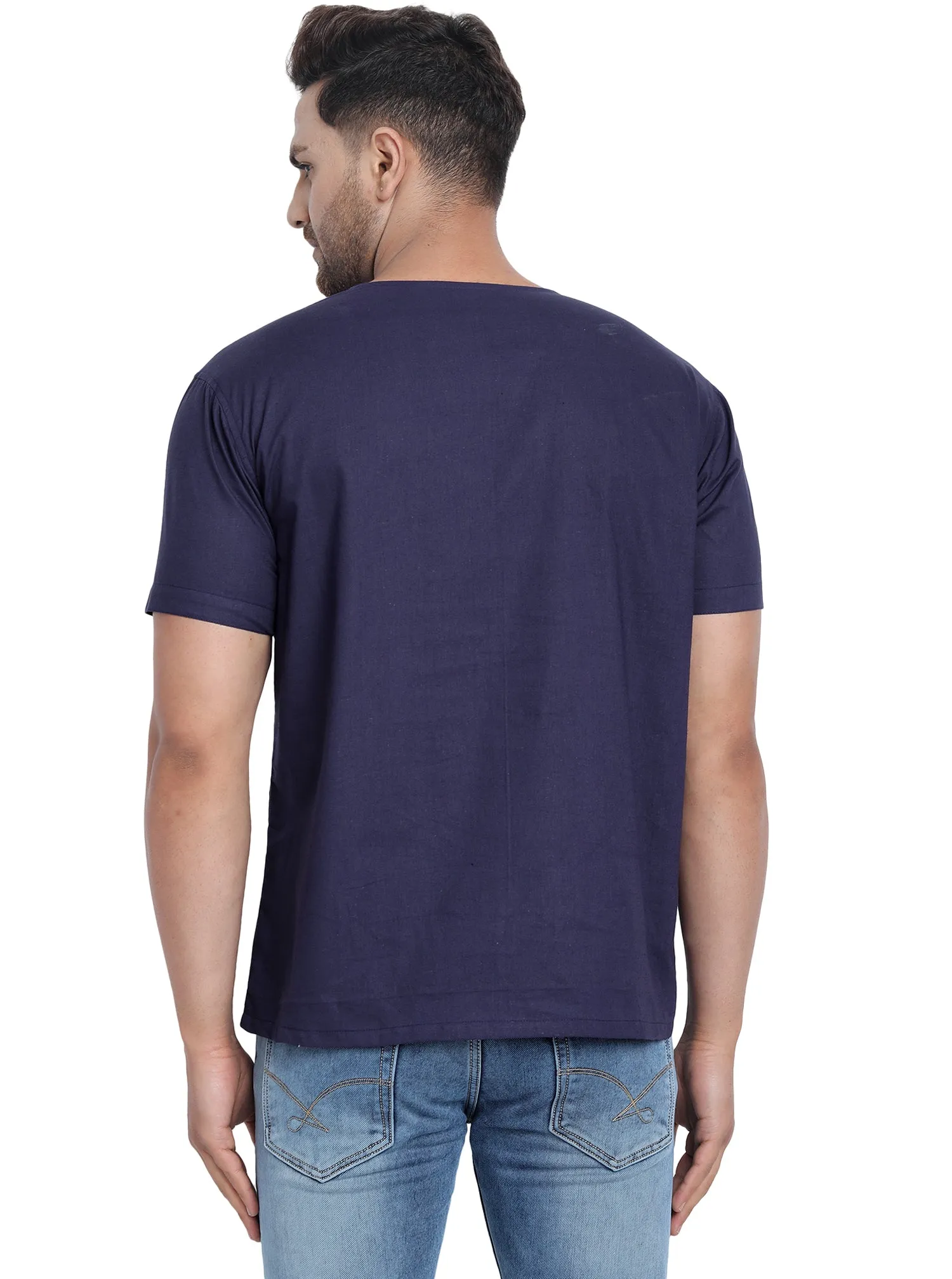 Men's Tunic V-Neck Short Regular Fit Cotton Kurta Blue