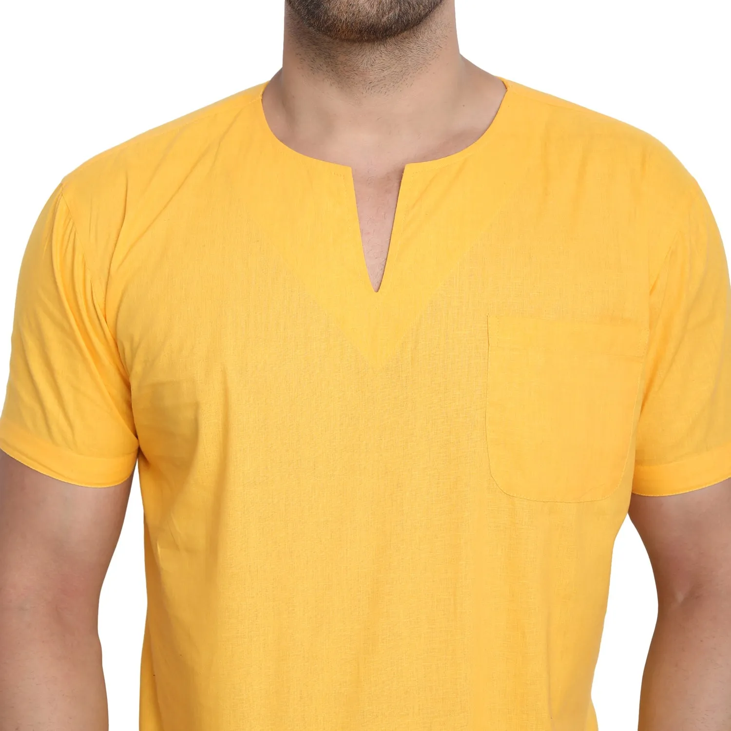 Men's Tunic V-Neck Short Regular Fit Cotton Kurta Gold