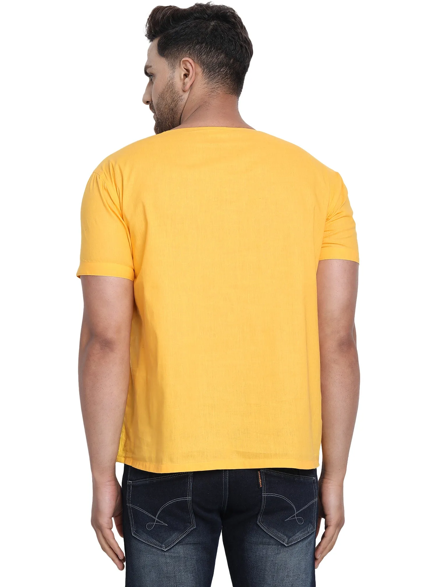 Men's Tunic V-Neck Short Regular Fit Cotton Kurta Gold
