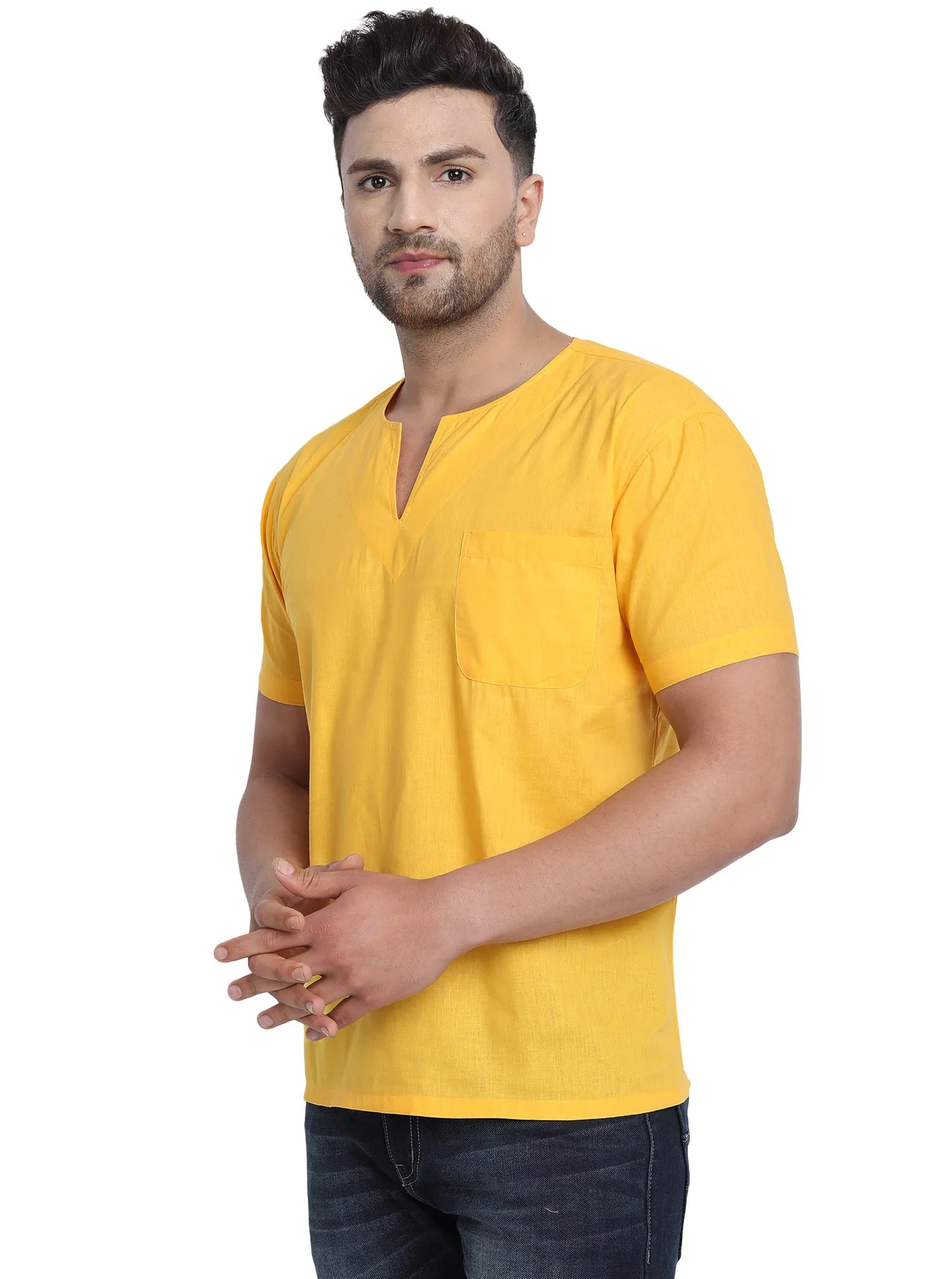 Men's Tunic V-Neck Short Regular Fit Cotton Kurta Gold