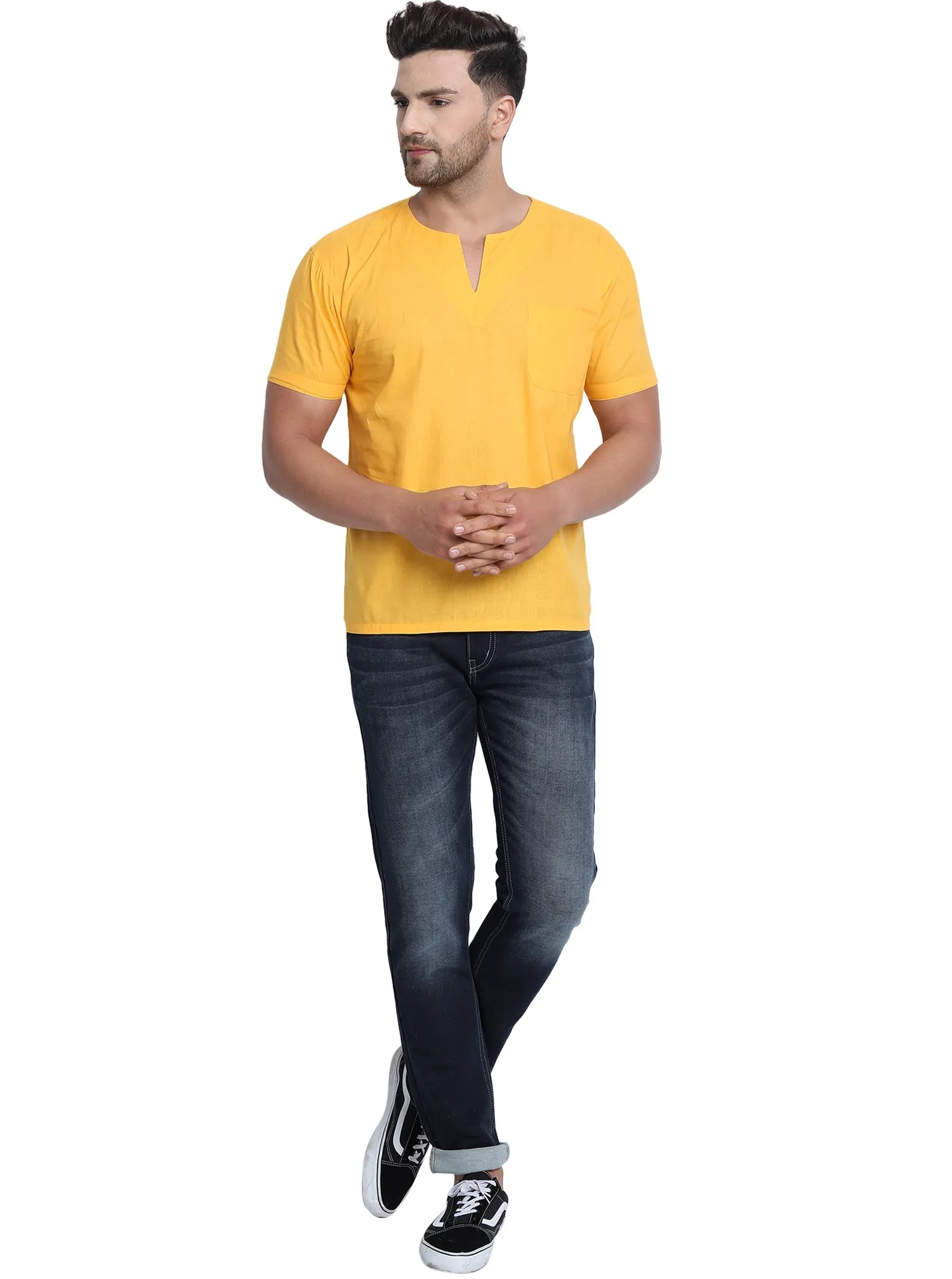 Men's Tunic V-Neck Short Regular Fit Cotton Kurta Gold