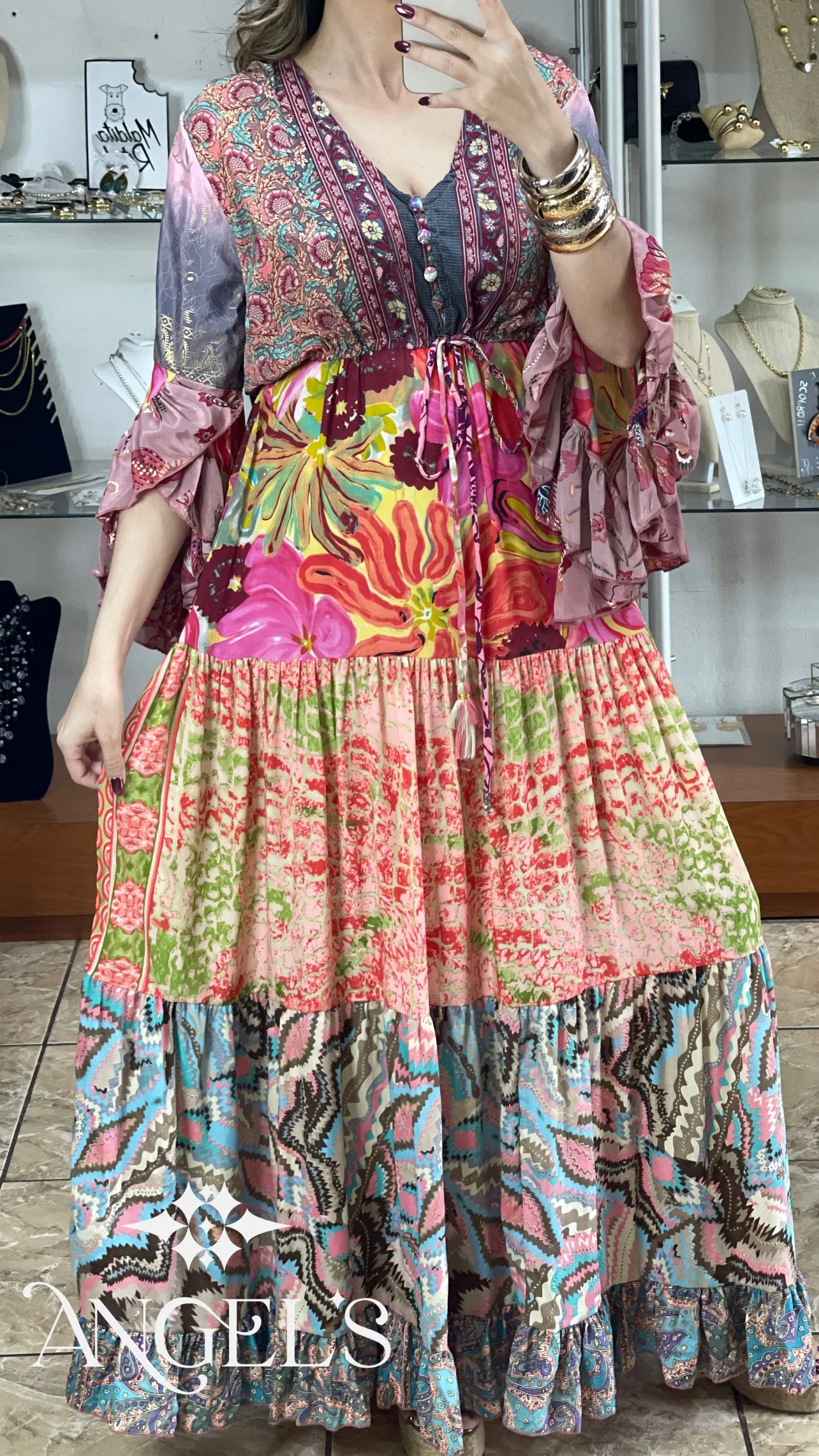 Multi Color Patches Maxi Boho Dress