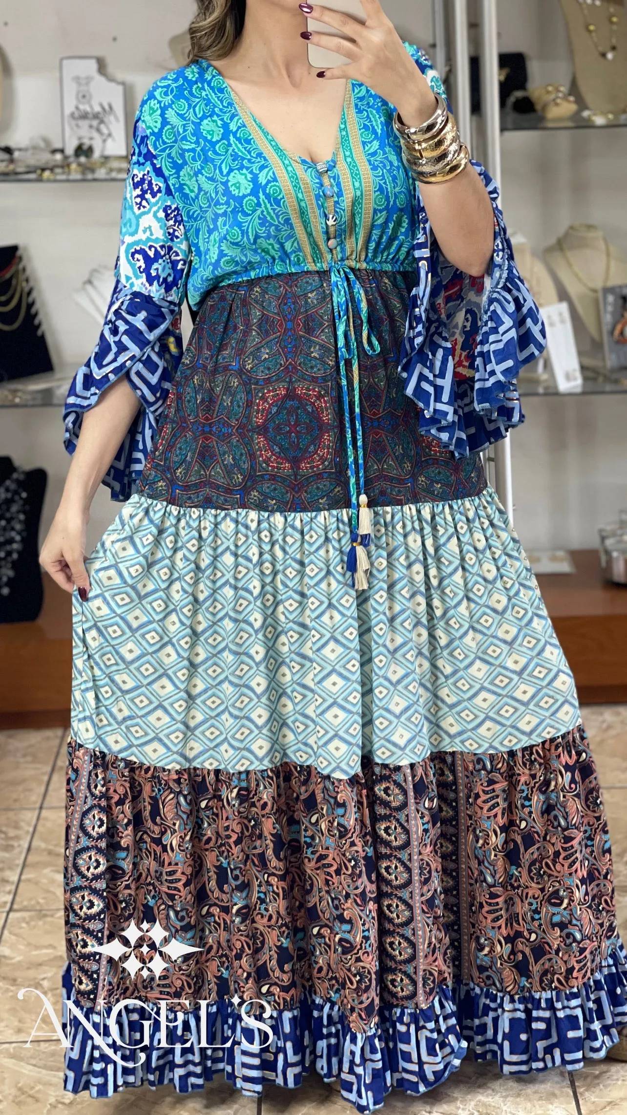 Multi Color Patches Maxi Boho Dress