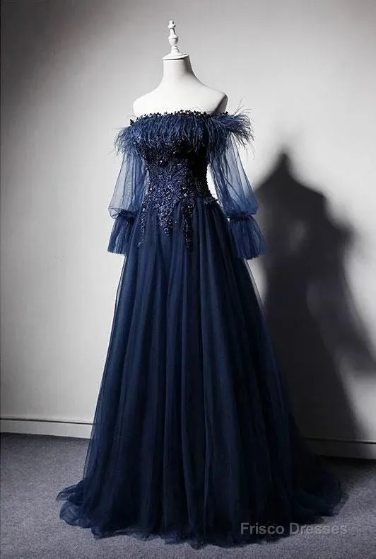 Navy Blue Tulle Lace Beading Off-Shoulder Formal Evening Dresses Prom Dresses