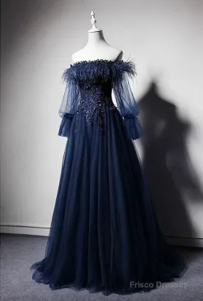 Navy Blue Tulle Lace Beading Off-Shoulder Formal Evening Dresses Prom Dresses