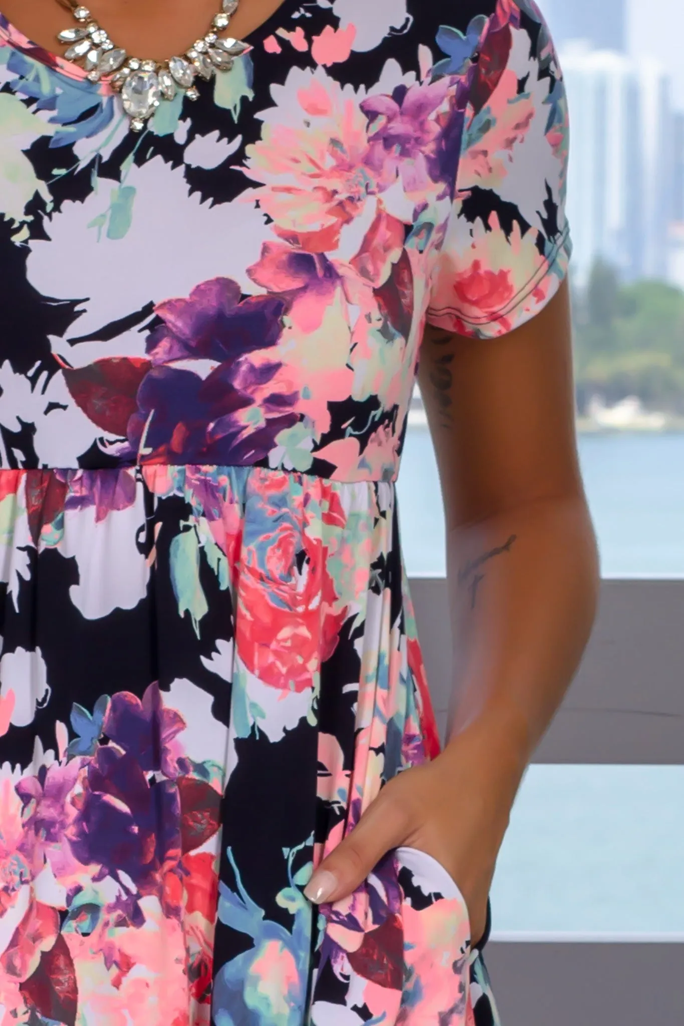 Neon Floral Short Dress with Short Sleeves