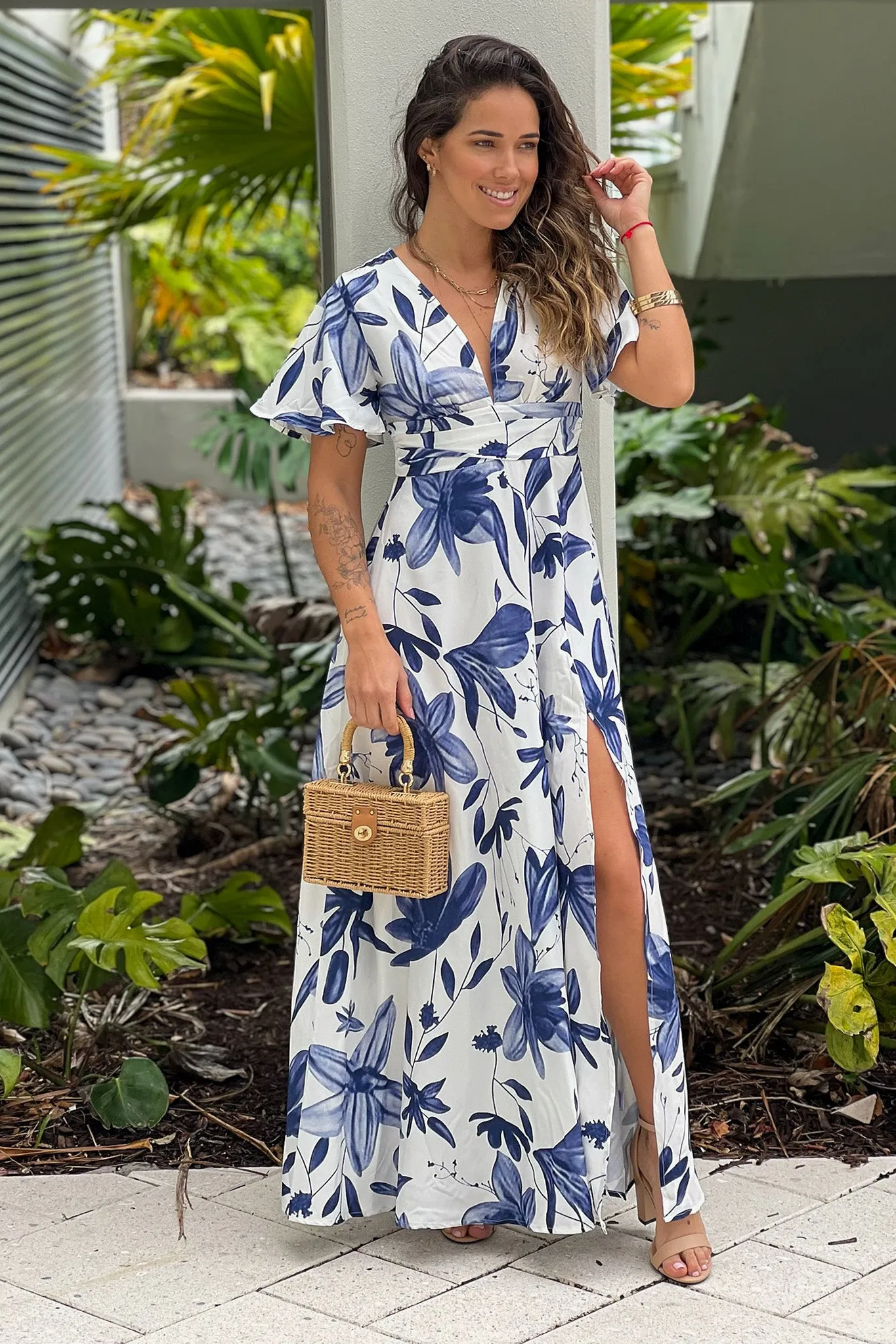 Off White And Blue Floral Maxi Dress With Slit