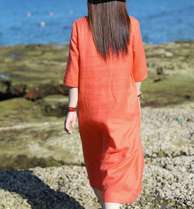 Orange Women Dresses Casual Summer Linen Women Dresses SJ97215