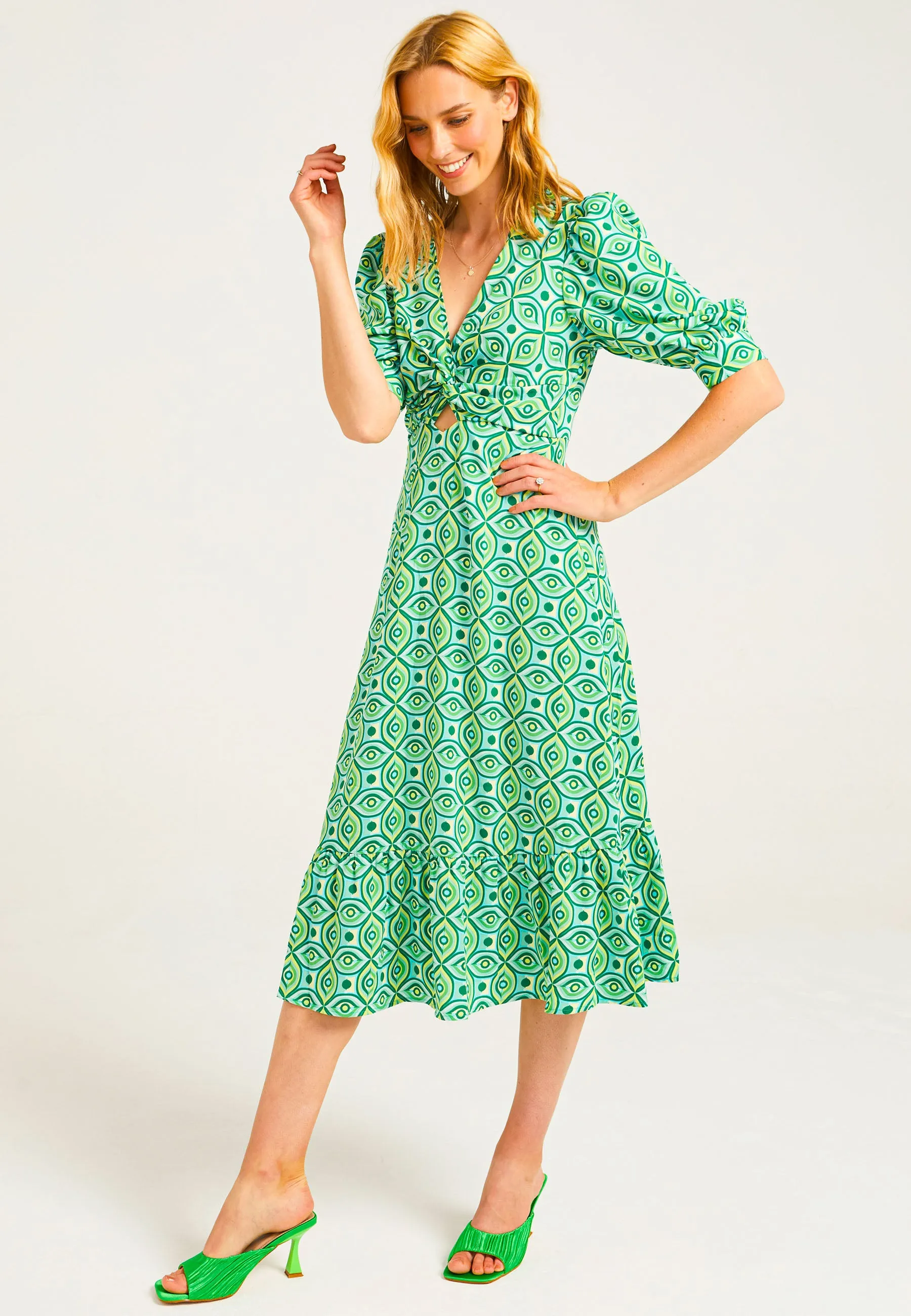 Puff Sleeve Front Knot Midi Tea Dress in Green Geometric Print