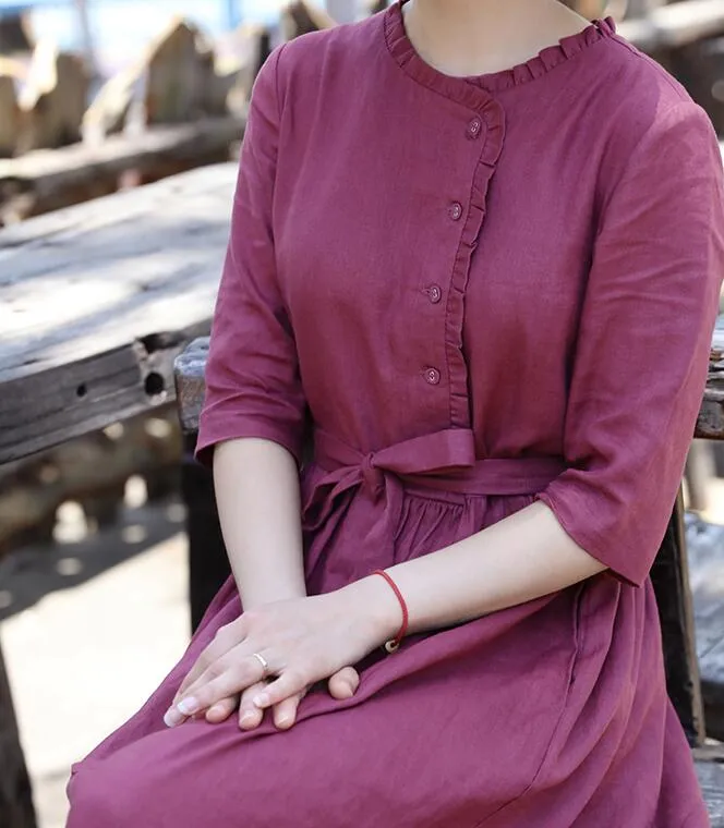 Purple Women Dresses Ramie Casual Spring Linen Women Dresses SSM97215
