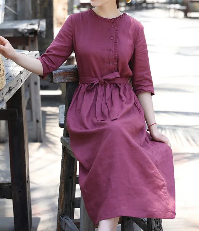 Purple Women Dresses Ramie Casual Spring Linen Women Dresses SSM97215