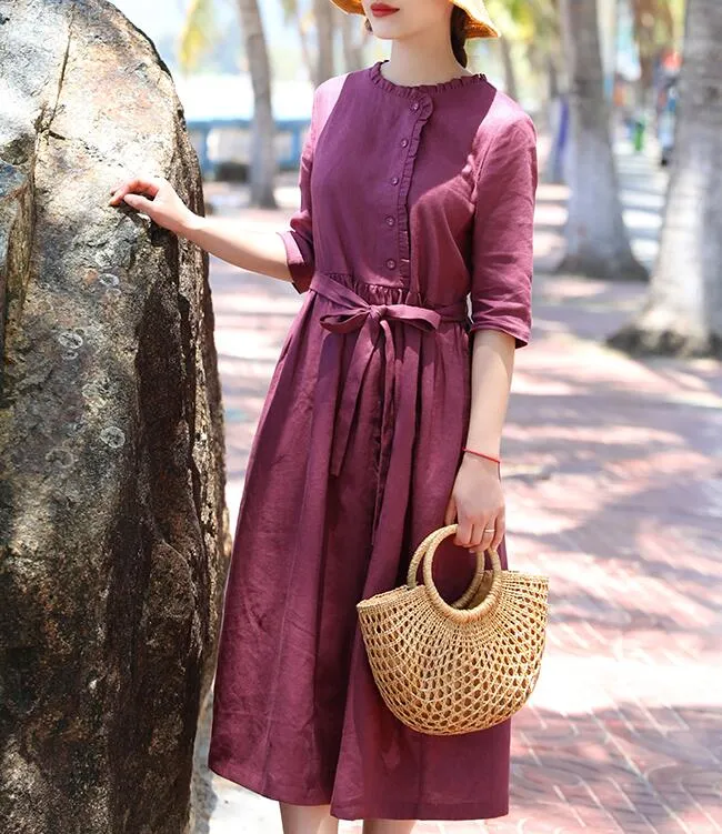 Purple Women Dresses Ramie Casual Spring Linen Women Dresses SSM97215