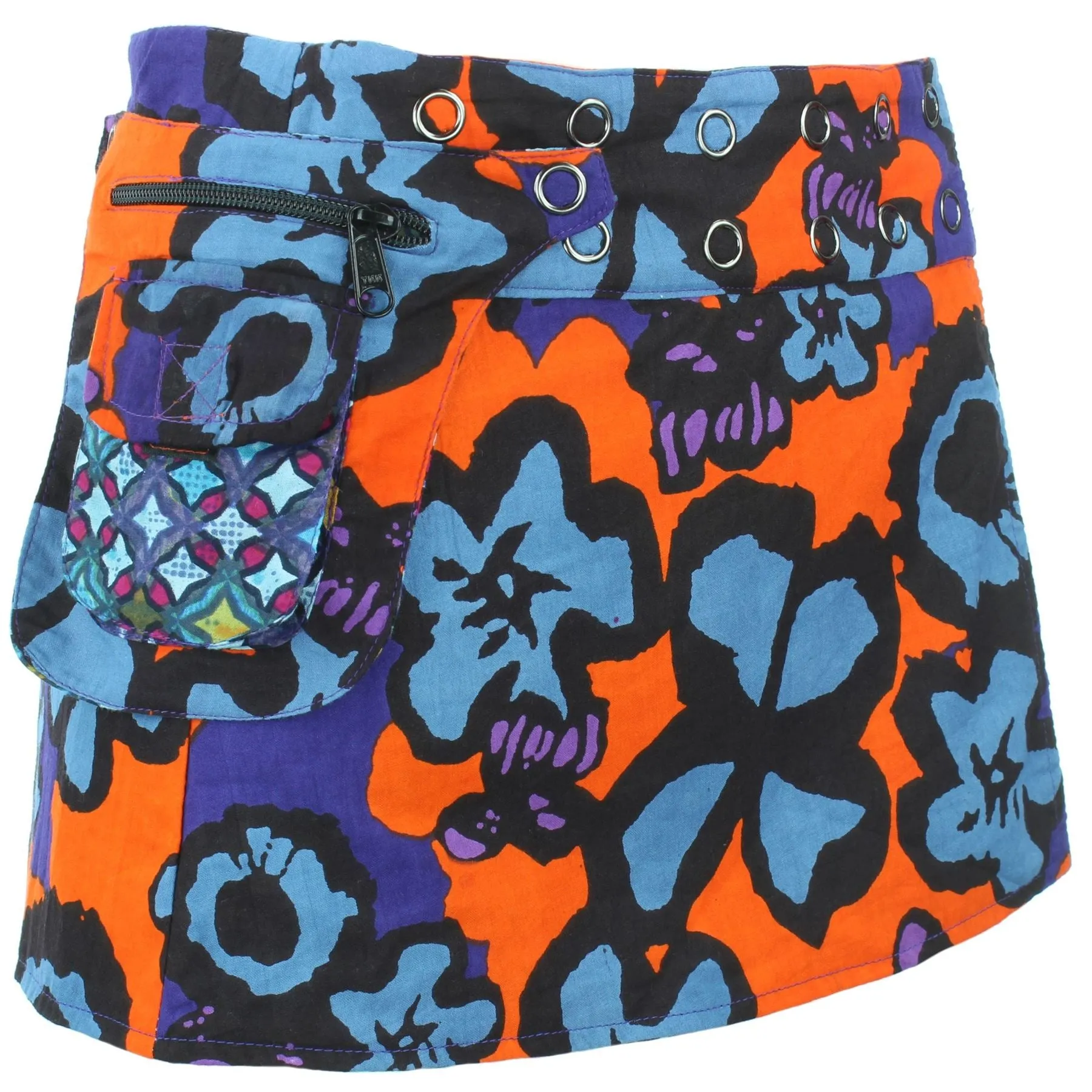 Reversible Popper Wrap Children's Size Mini Skirt - Diamond Block / Ikat Floral