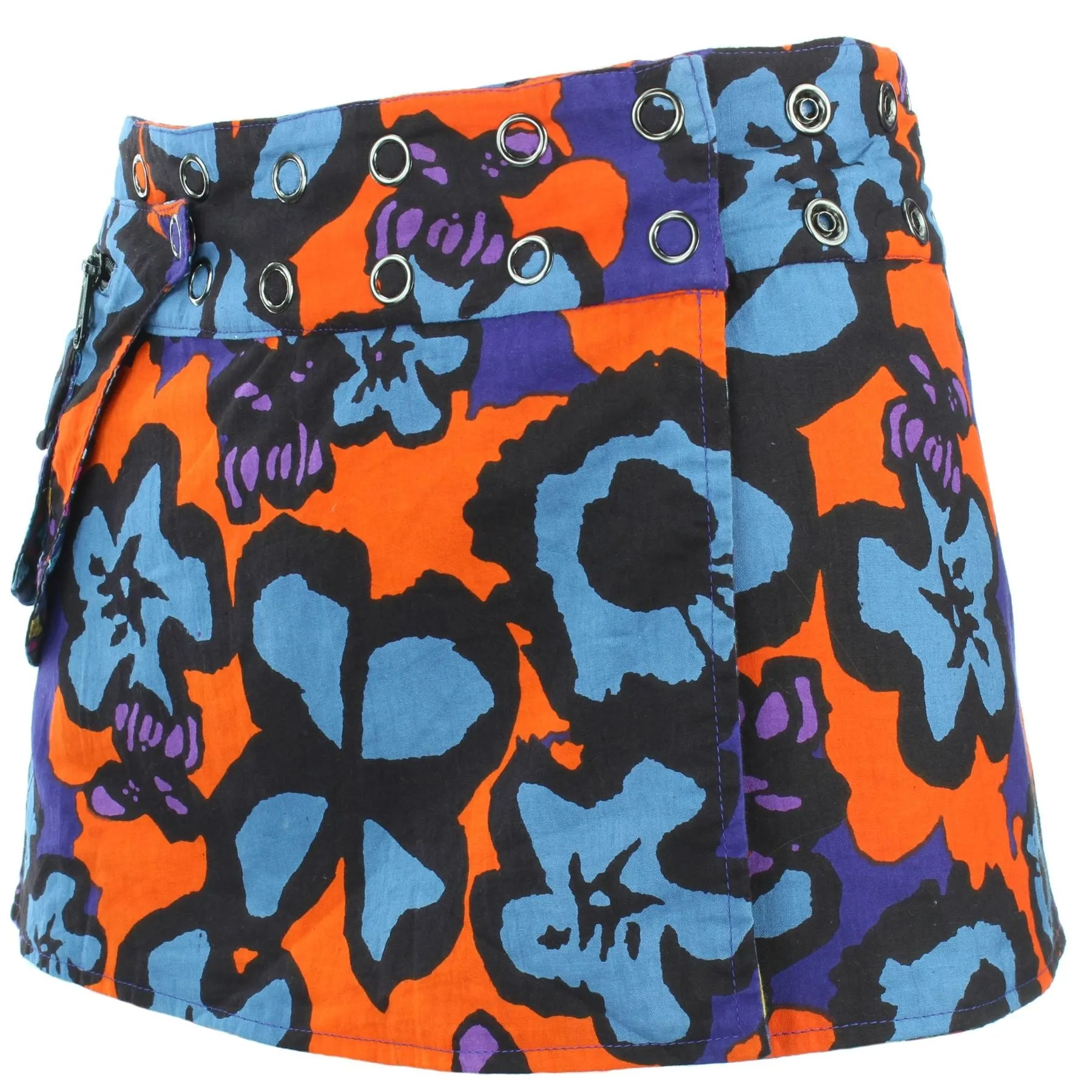 Reversible Popper Wrap Children's Size Mini Skirt - Diamond Block / Ikat Floral
