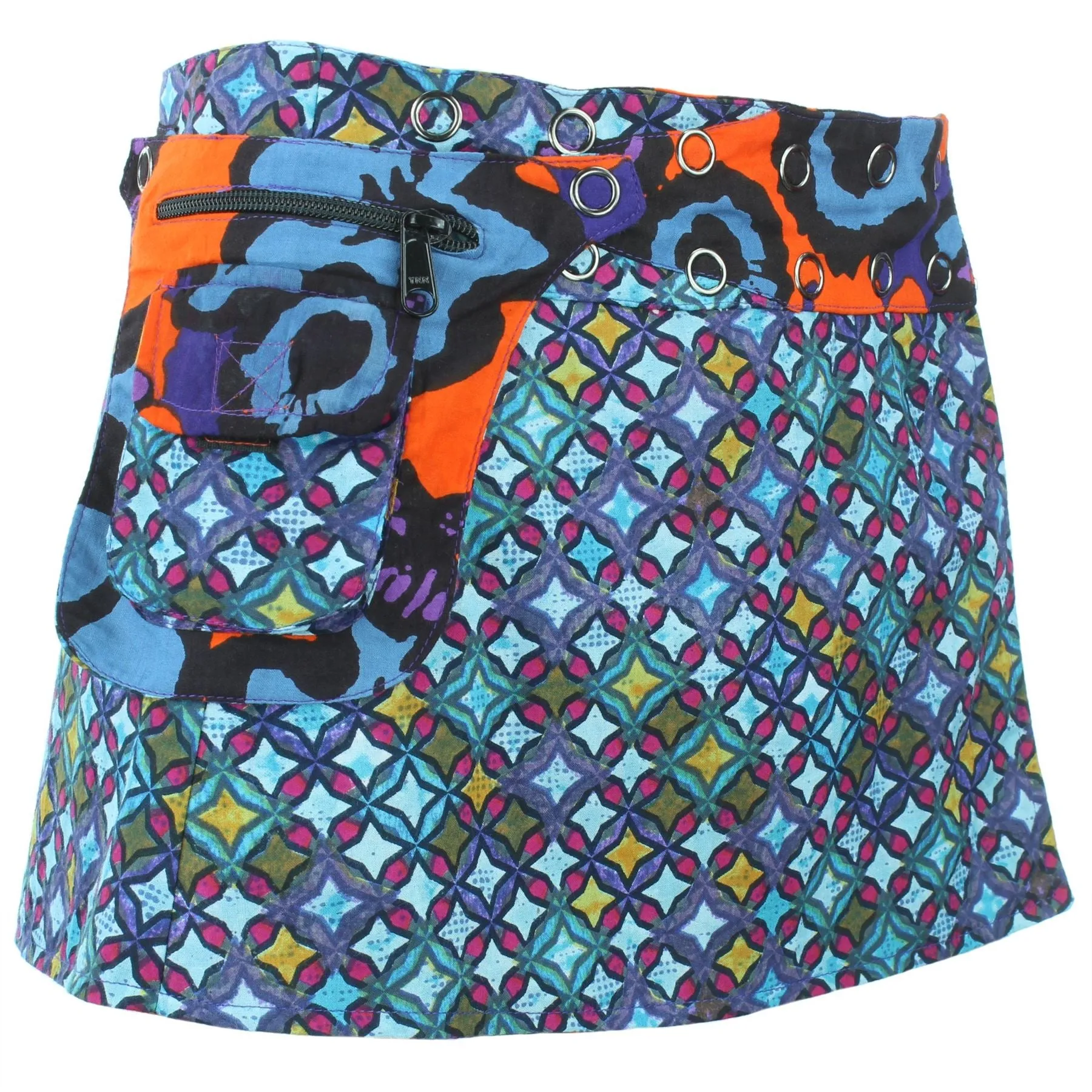 Reversible Popper Wrap Children's Size Mini Skirt - Diamond Block / Ikat Floral