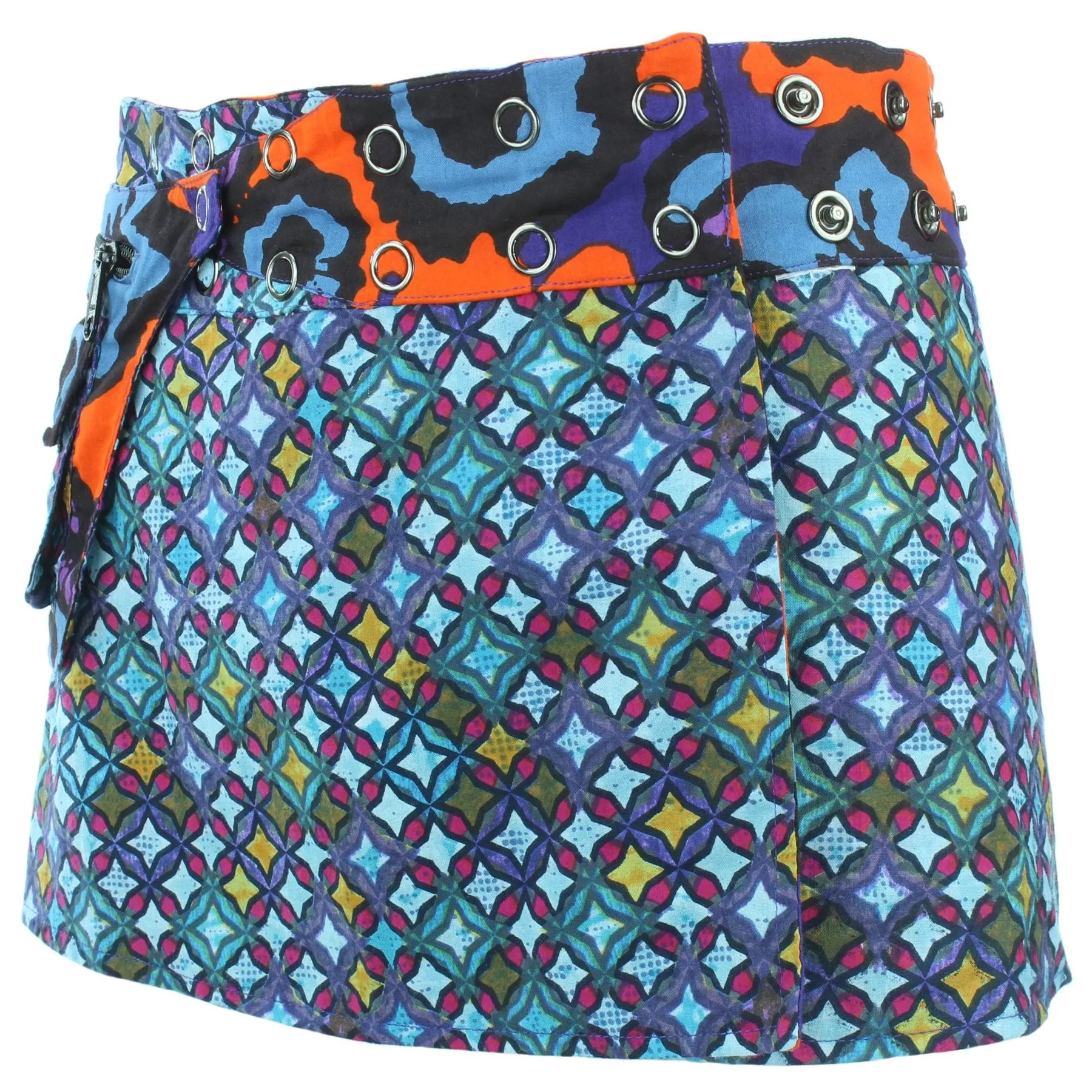 Reversible Popper Wrap Children's Size Mini Skirt - Diamond Block / Ikat Floral