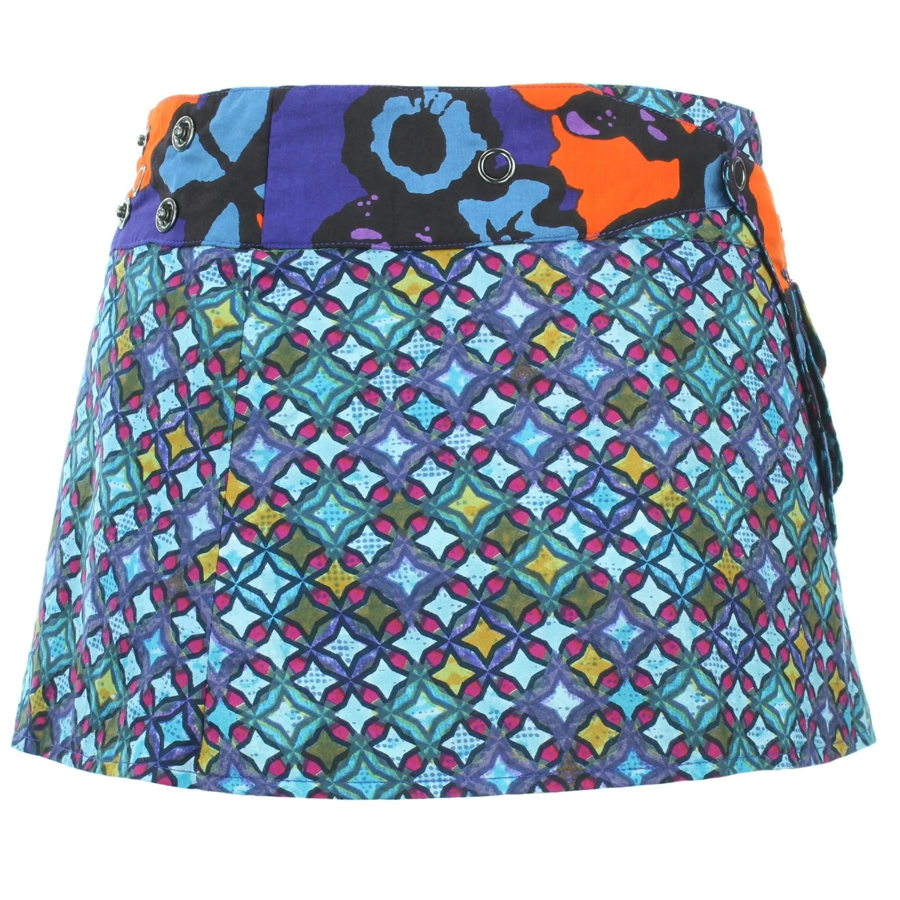 Reversible Popper Wrap Children's Size Mini Skirt - Diamond Block / Ikat Floral
