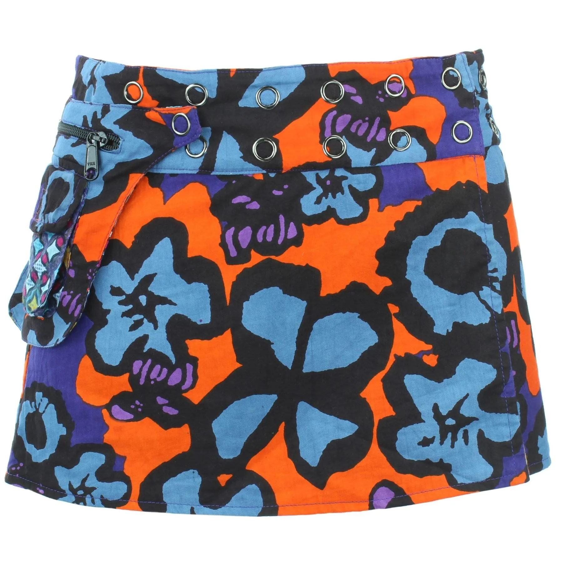Reversible Popper Wrap Children's Size Mini Skirt - Diamond Block / Ikat Floral
