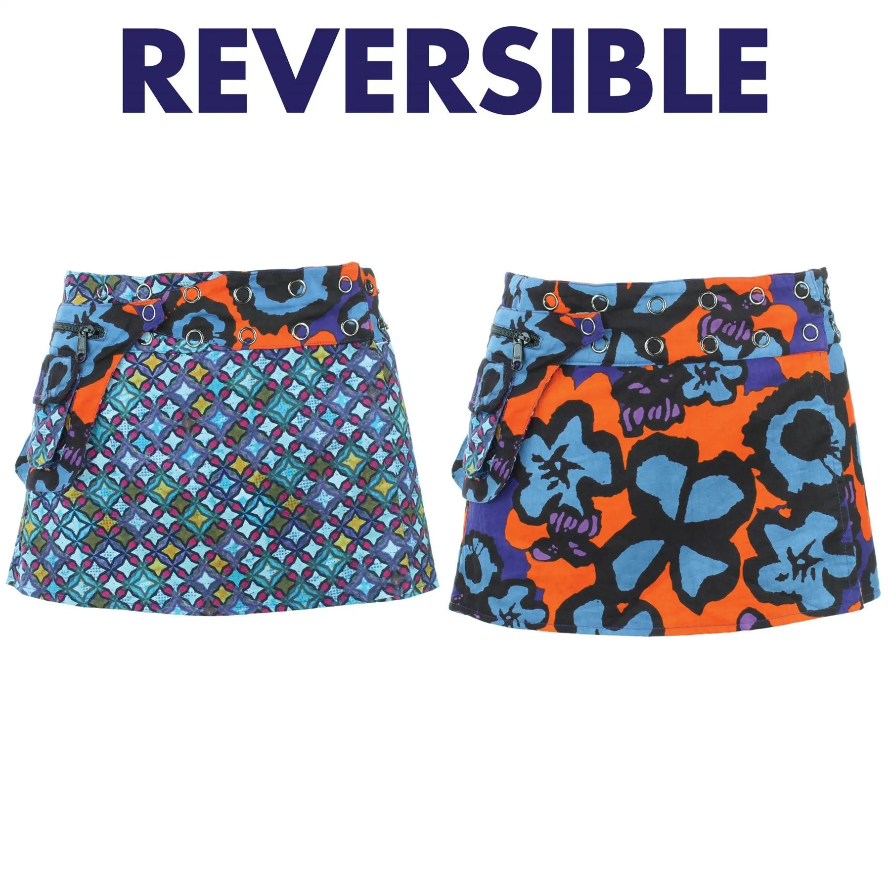 Reversible Popper Wrap Children's Size Mini Skirt - Diamond Block / Ikat Floral