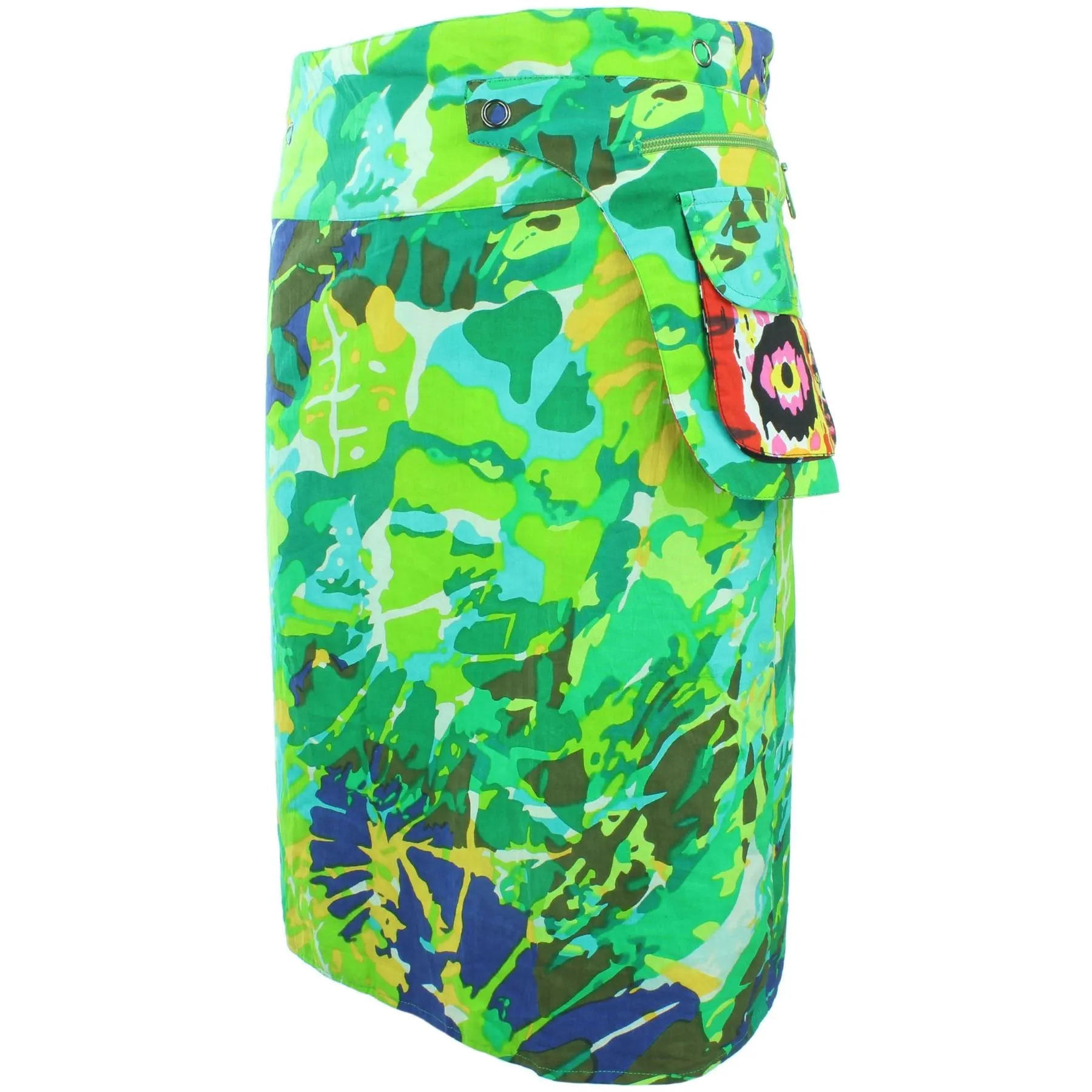 Reversible Popper Wrap Knee Length Skirt - Psychedelic Snakeskin / Camo Leaf