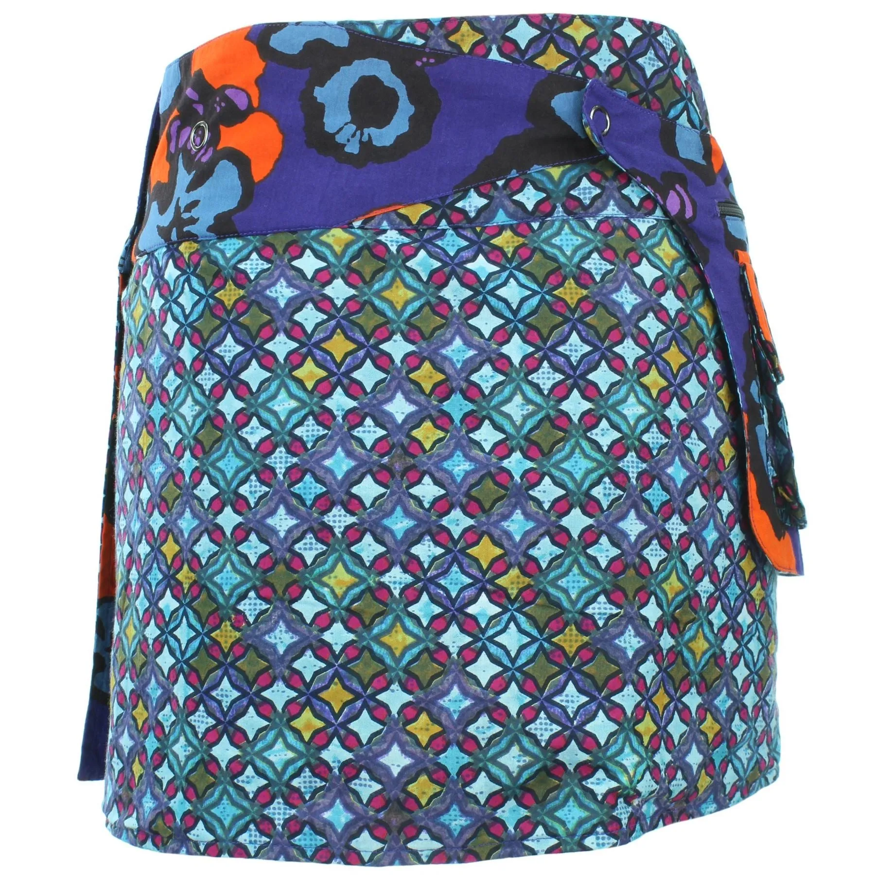 Reversible Popper Wrap Mini Skirt - Diamond Block / Ikat Floral