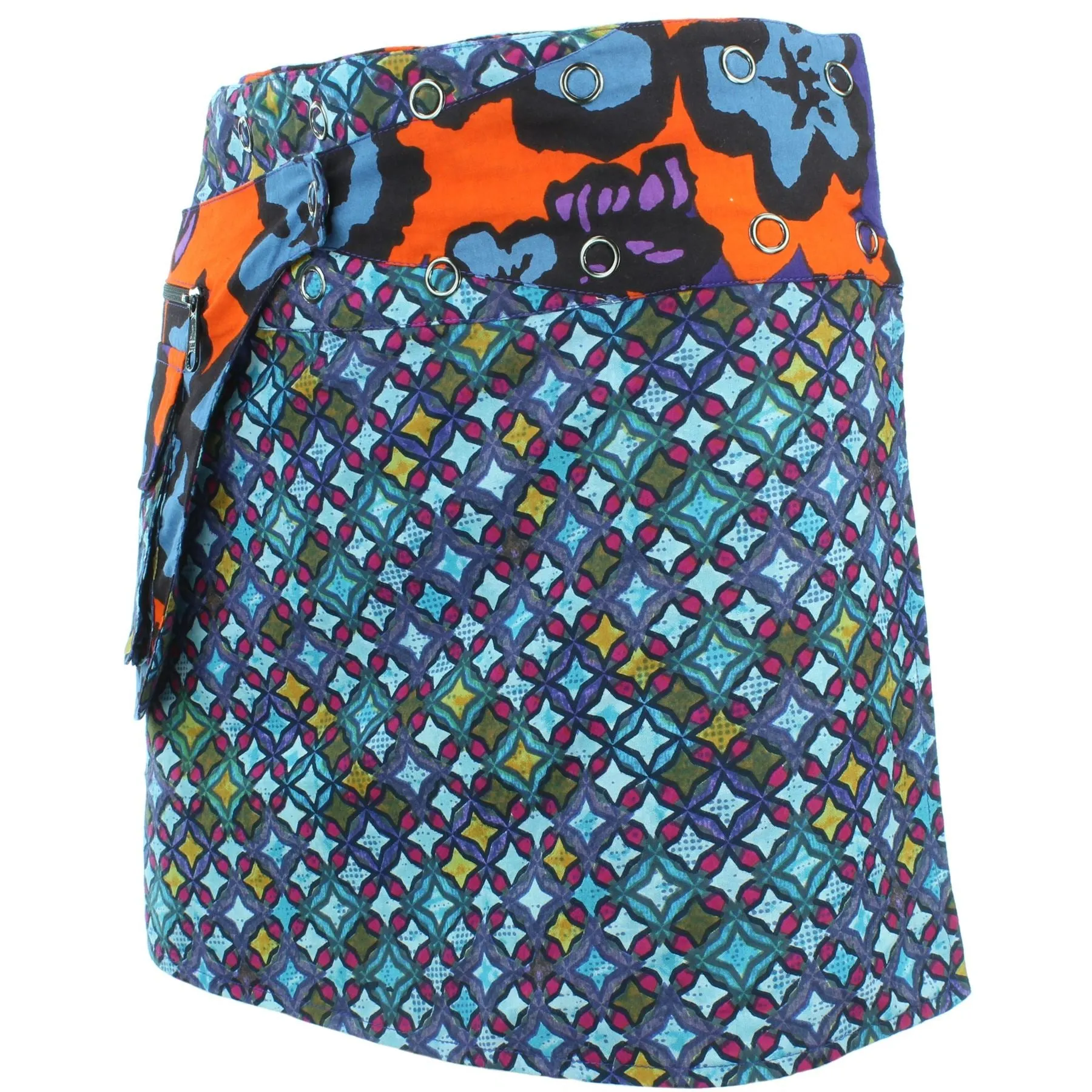 Reversible Popper Wrap Mini Skirt - Diamond Block / Ikat Floral