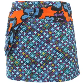 Reversible Popper Wrap Mini Skirt - Diamond Block / Ikat Floral