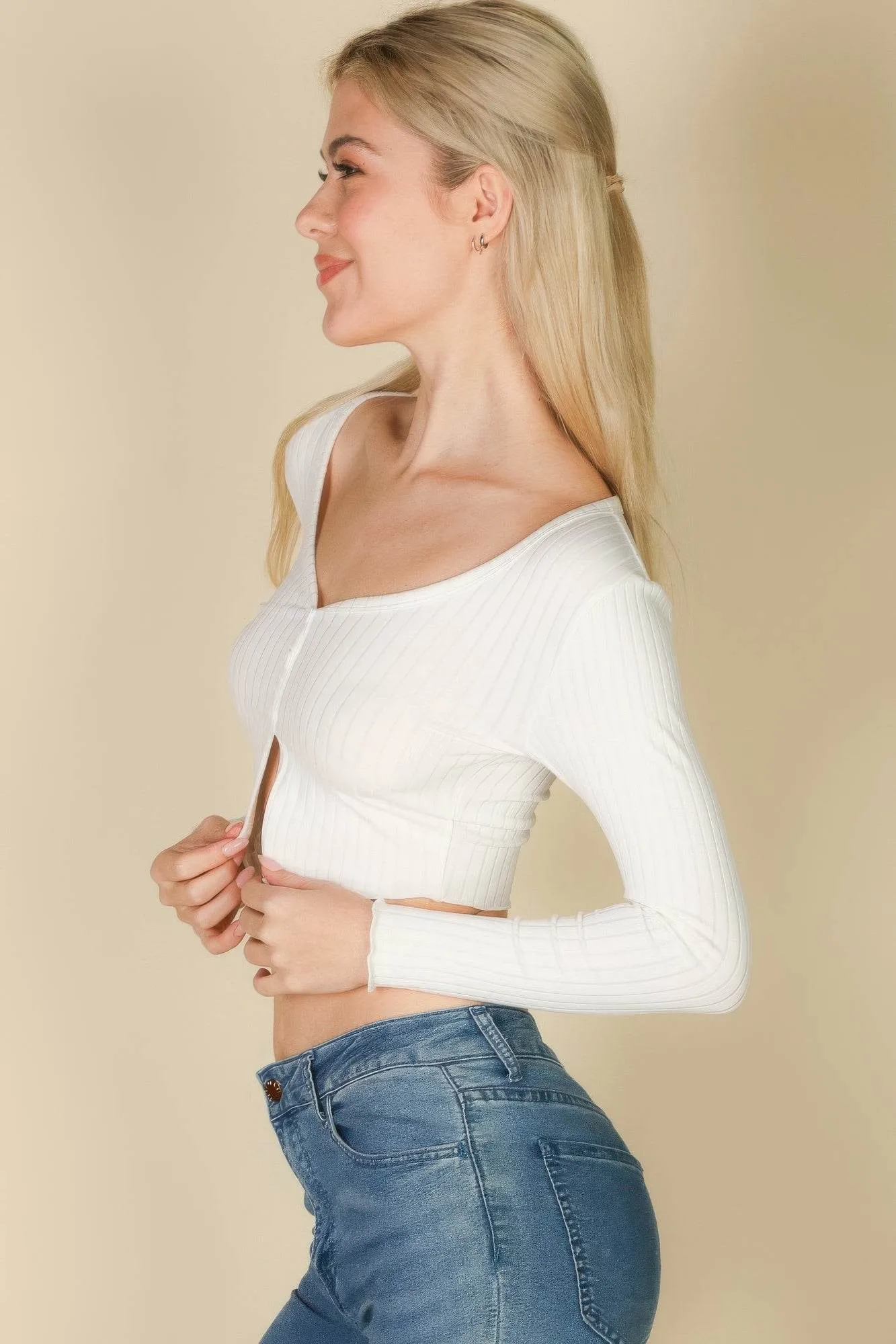 Ribbed Button Front Split Long Sleeve Top