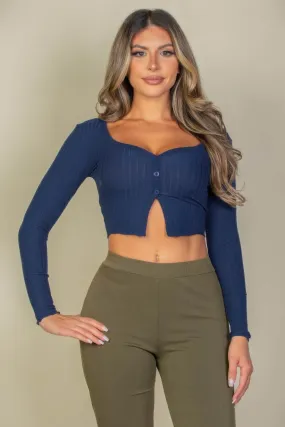 Ribbed Button Front Split Long Sleeve Top