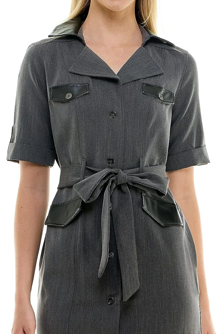 Sharagano notched collar short roll tab sleeve button closure belted matte jersey dress