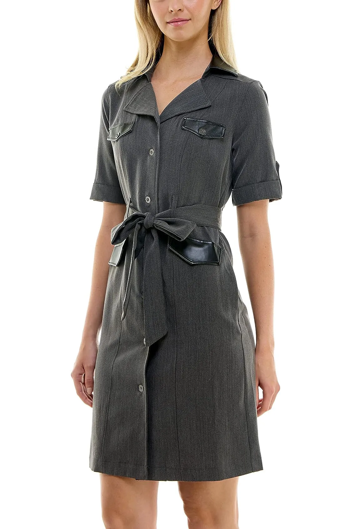 Sharagano notched collar short roll tab sleeve button closure belted matte jersey dress