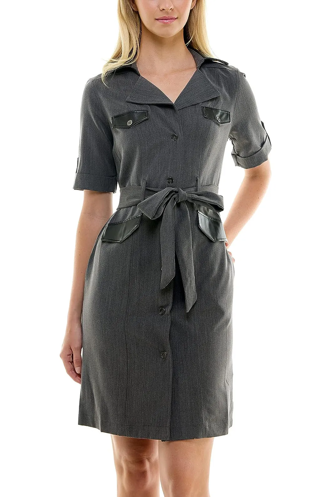 Sharagano notched collar short roll tab sleeve button closure belted matte jersey dress