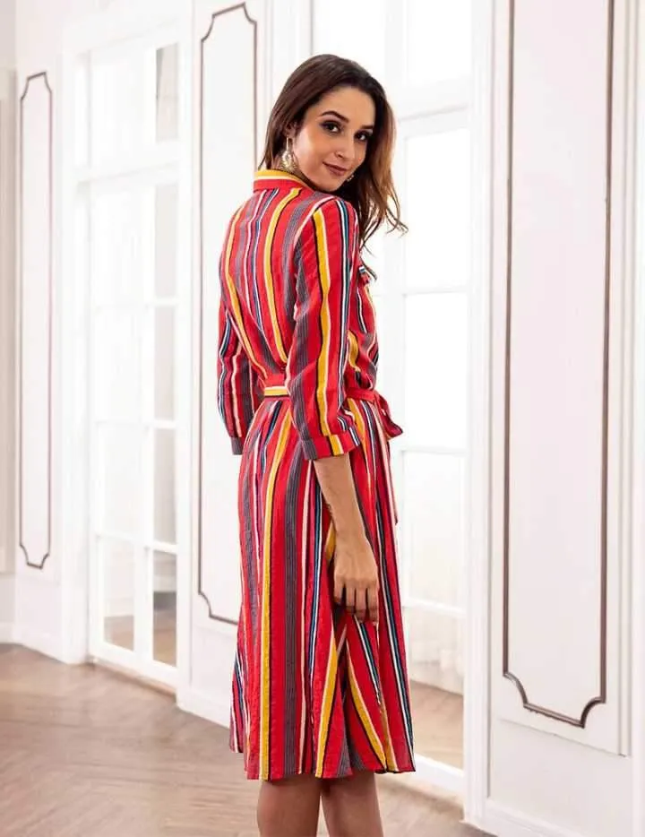 Spring Casual Stripes Lapel Shirt Midi Dress