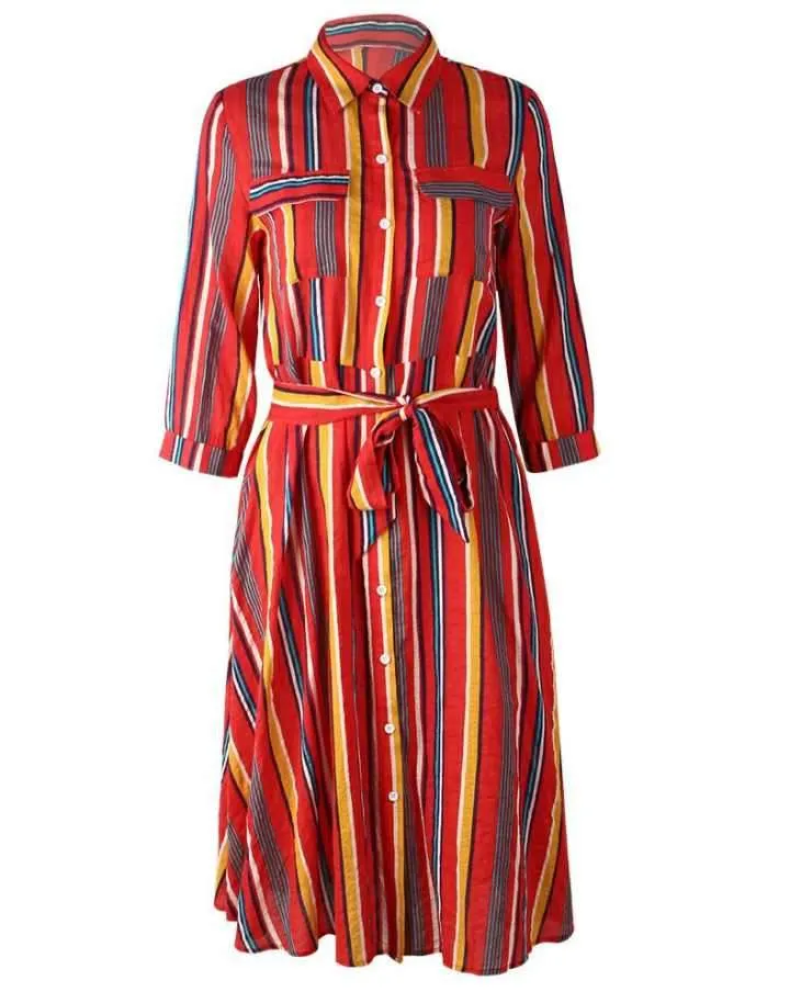 Spring Casual Stripes Lapel Shirt Midi Dress