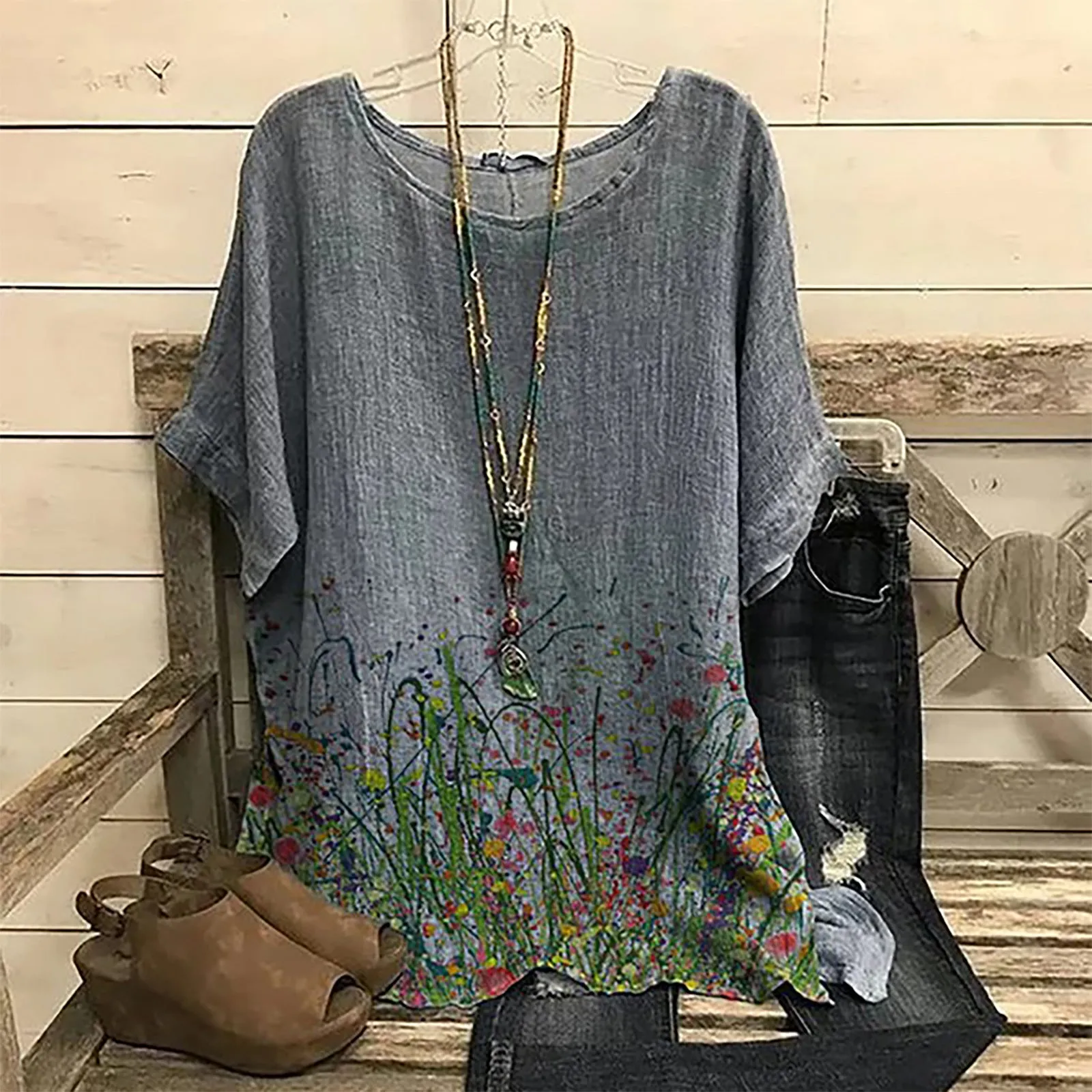 Summer loose with round neck cotton short sleeves