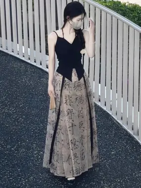 summer style dress Chinese characters horse skirt  ankle women's daily new Chinese calligraphy  improved Hanfu daily wear